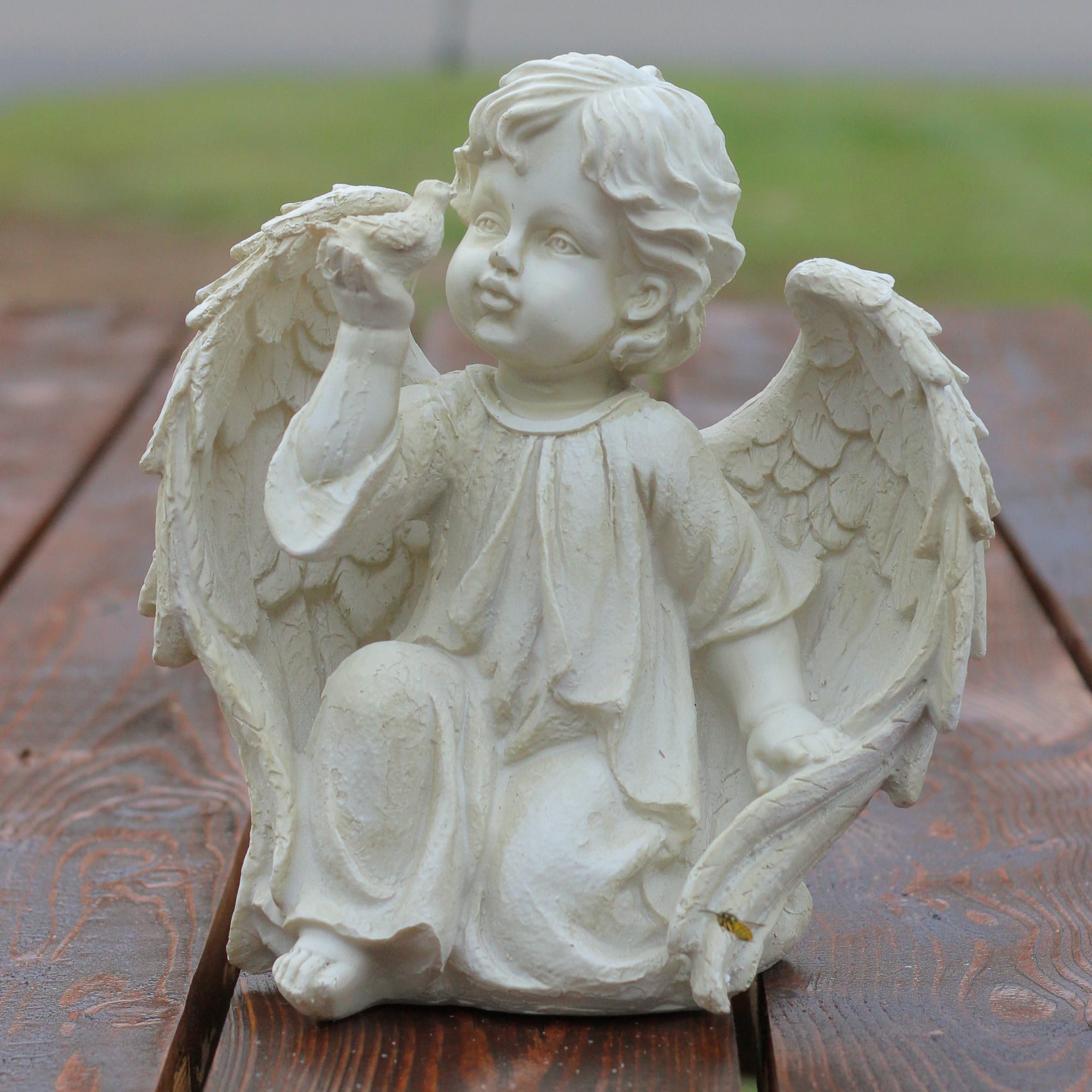 10&#x22; Ivory Cherub Angel on Knee with Dove Garden Statue