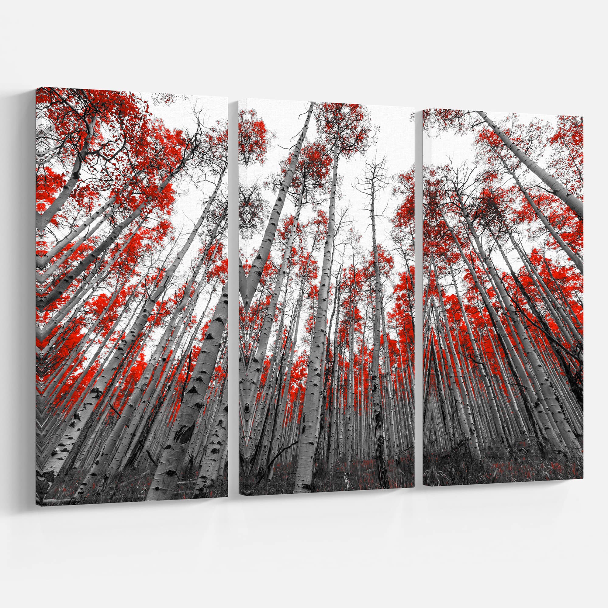 Designart - Red Leaf Trees in Tall Forest - Floral Landscapes Photographic on Wrapped Canvas set