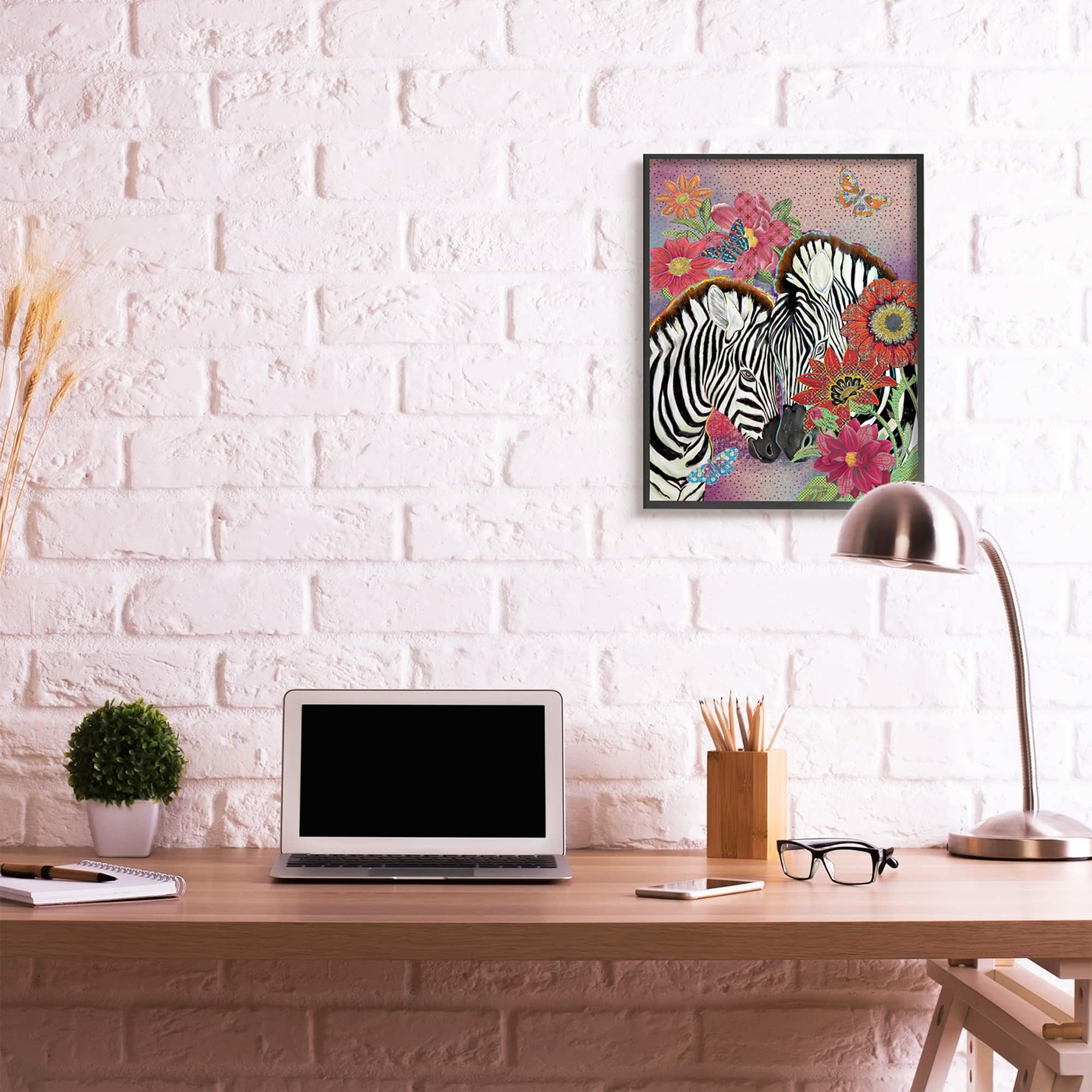 Stupell Industries Loving Zebra Pair over Pink Arabesque Pattern in Black Frame Wall Art