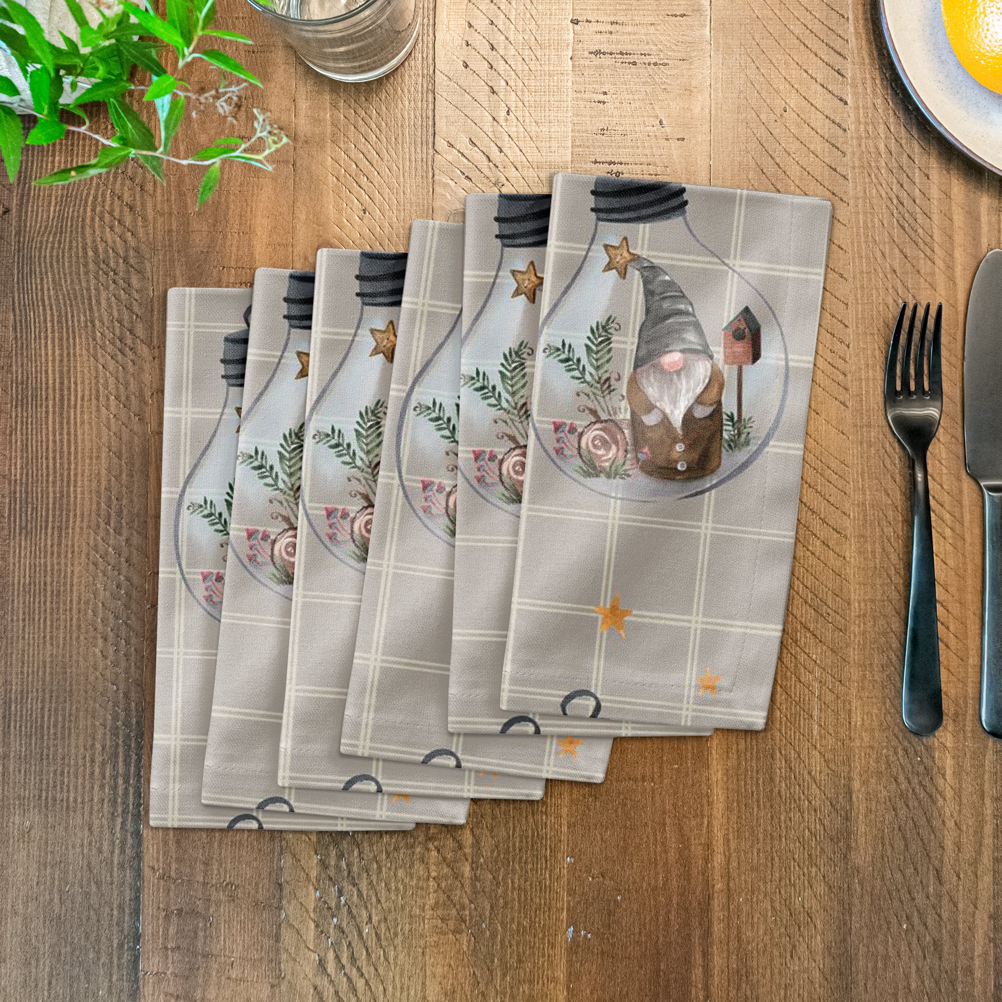 Check Gnome Globe Pattern Cotton Twill Napkin