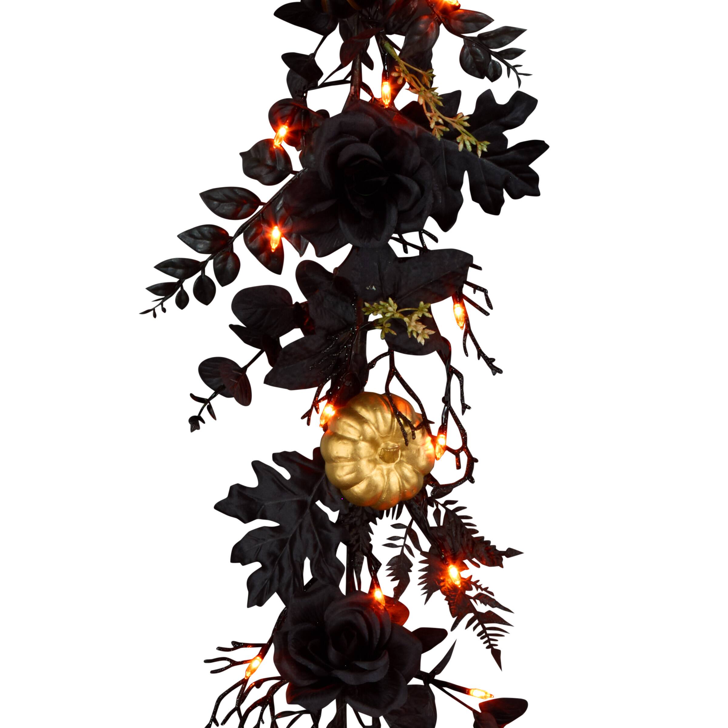 6ft. Chic Eek Black &#x26; Gold Halloween Pumpkin &#x26; Flower Pre-Lit LED Garland