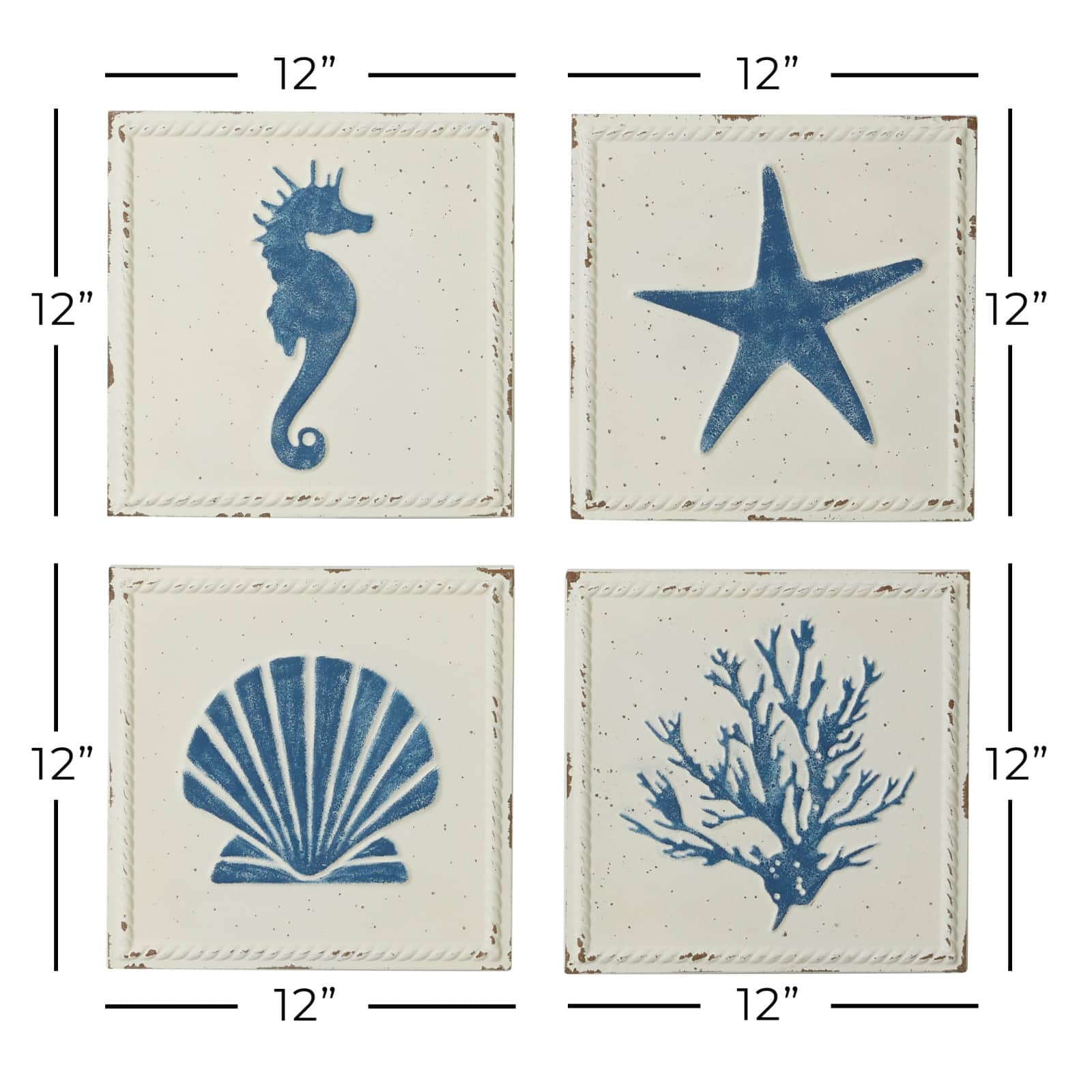 Set of 4 White Metal Coastal Wall Decor, 12" x 12"