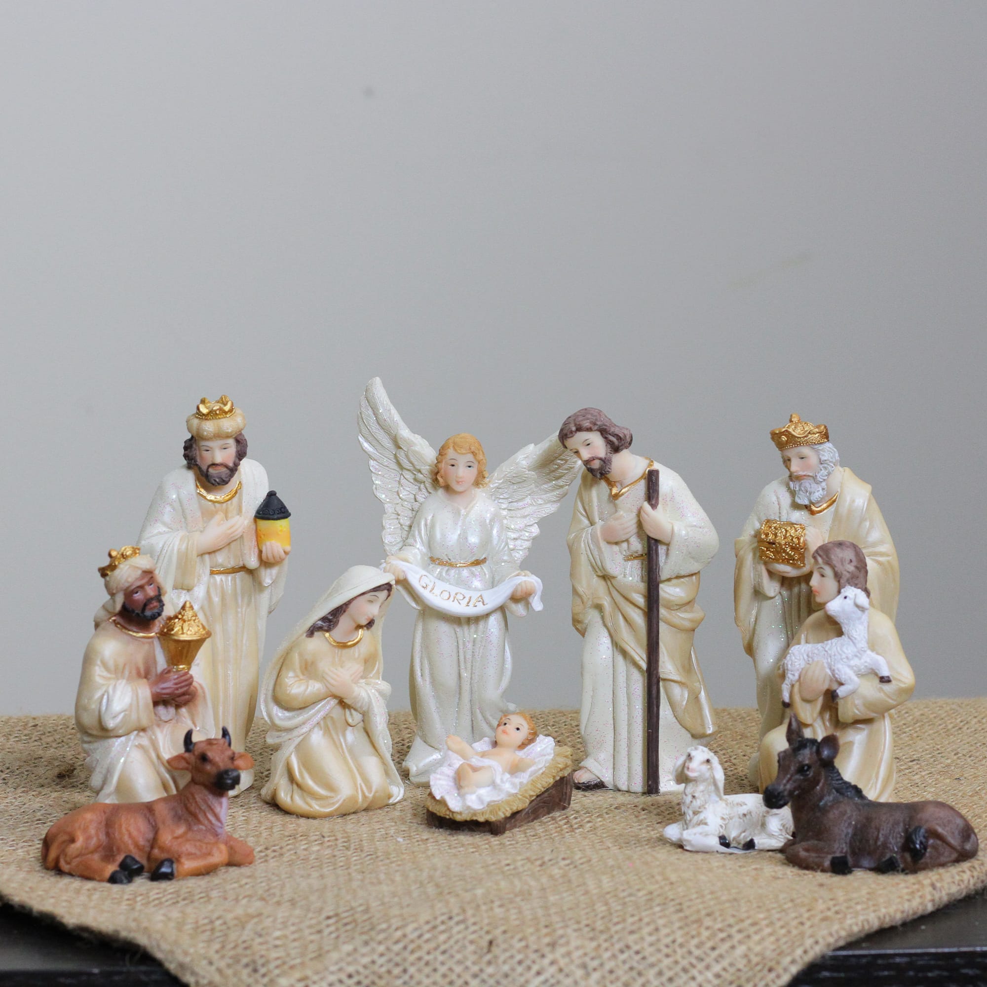 11-Piece Glittered Ivory and Cream Christmas Nativity Figure Set
