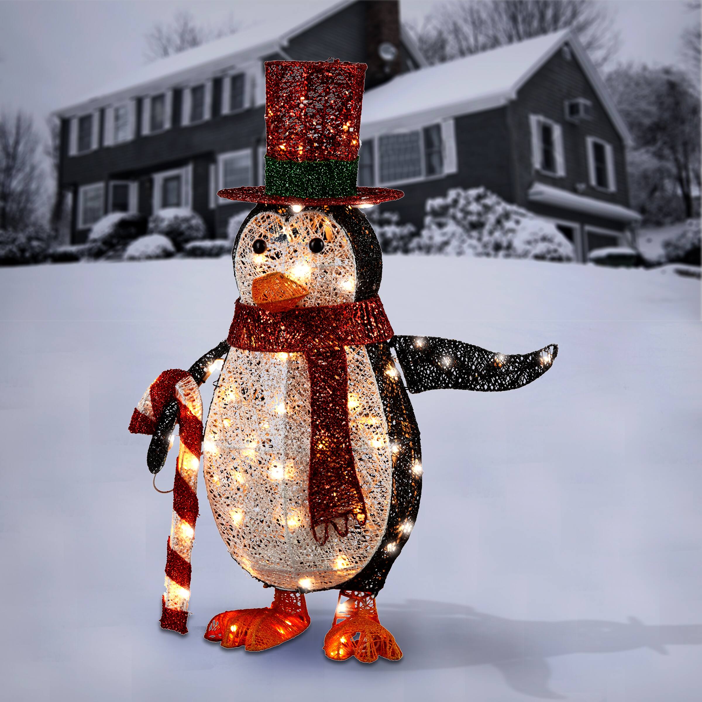36" Penguin Holding Candy Cane, White LED Lights