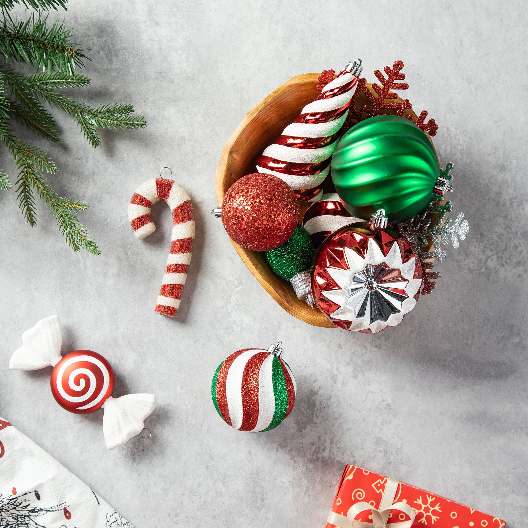 Glitzhome&#xAE; 160 Pack Whimsical Red &#x26; Green Deluxe Boxed Shatterproof Ornaments