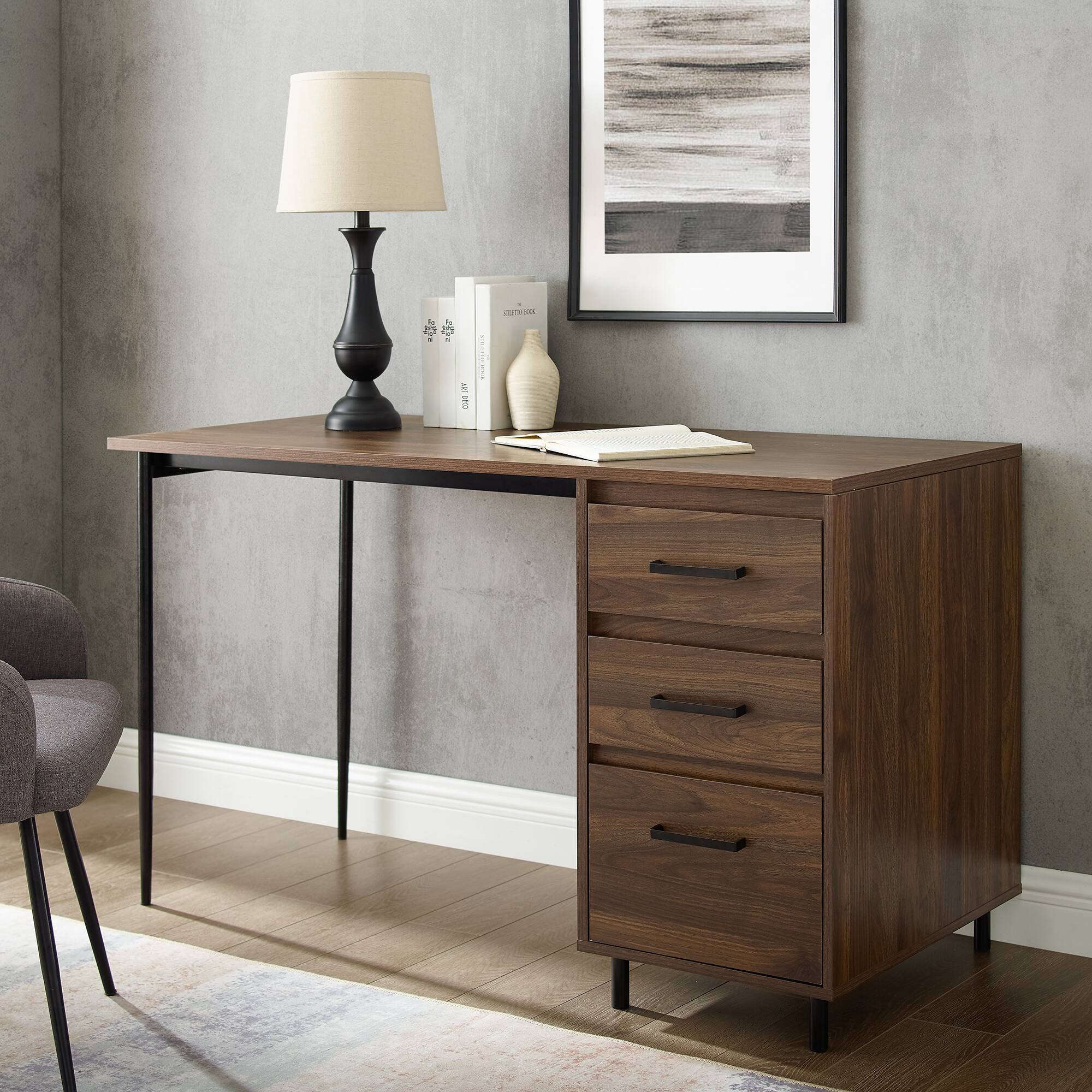 Walker Edison - Industrial Wood 3-Drawer Computer Desk - Dark Walnut