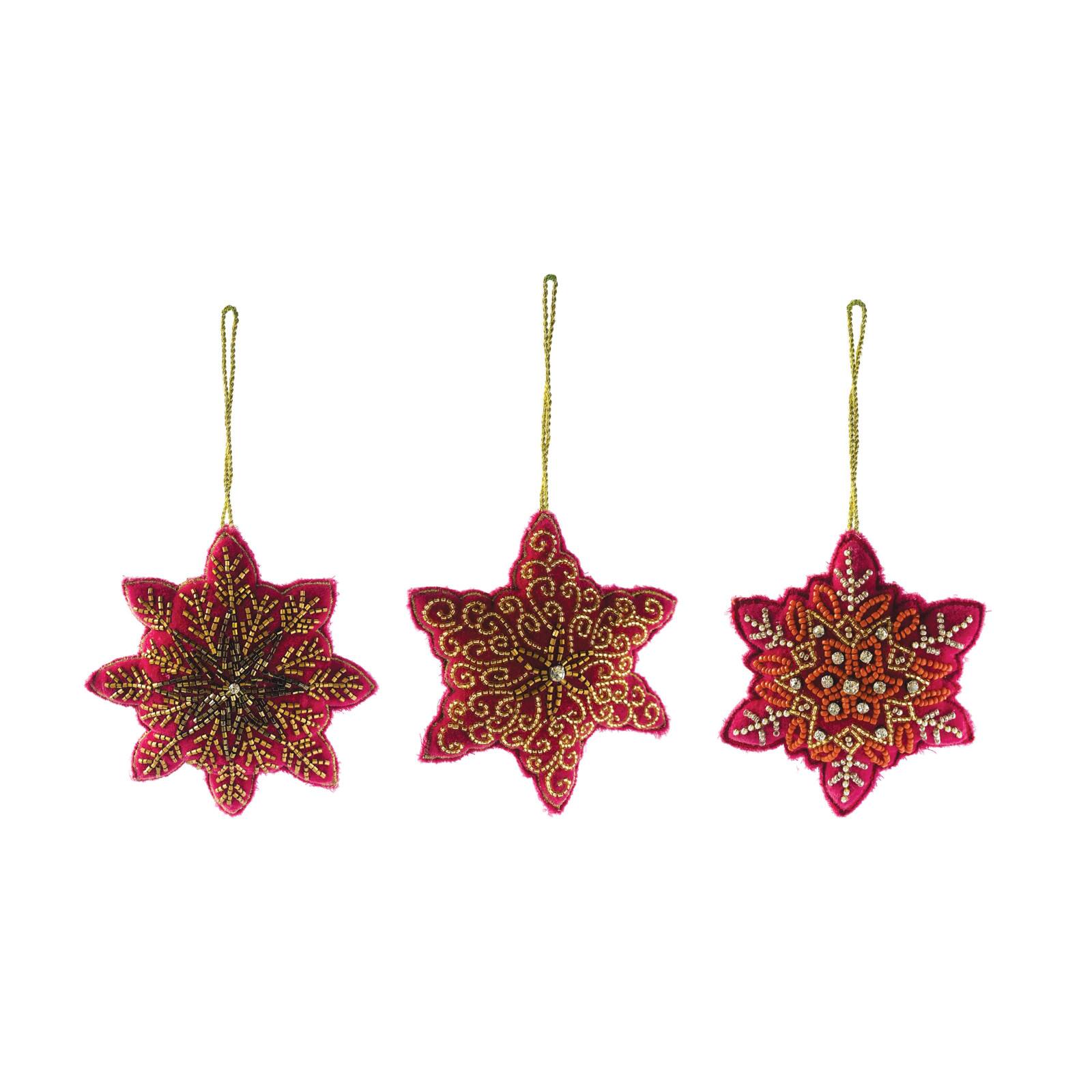 Hello Honey® 3 Pack 4.75" Red & Gold Bead Embroidered Snowflake Cotton Velvet Ornaments
