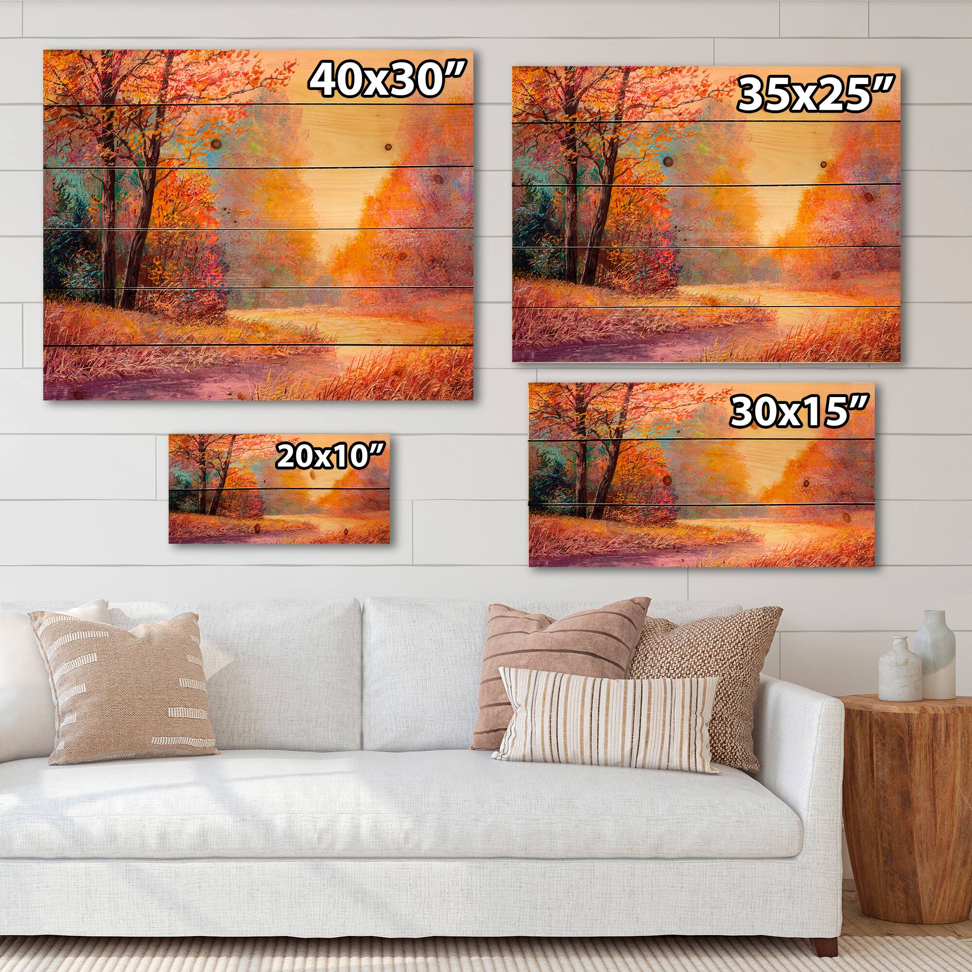 Designart - Path In The Autumn Forest Orange Leaves Landscape - Lake House Print on Natural Pine Wood