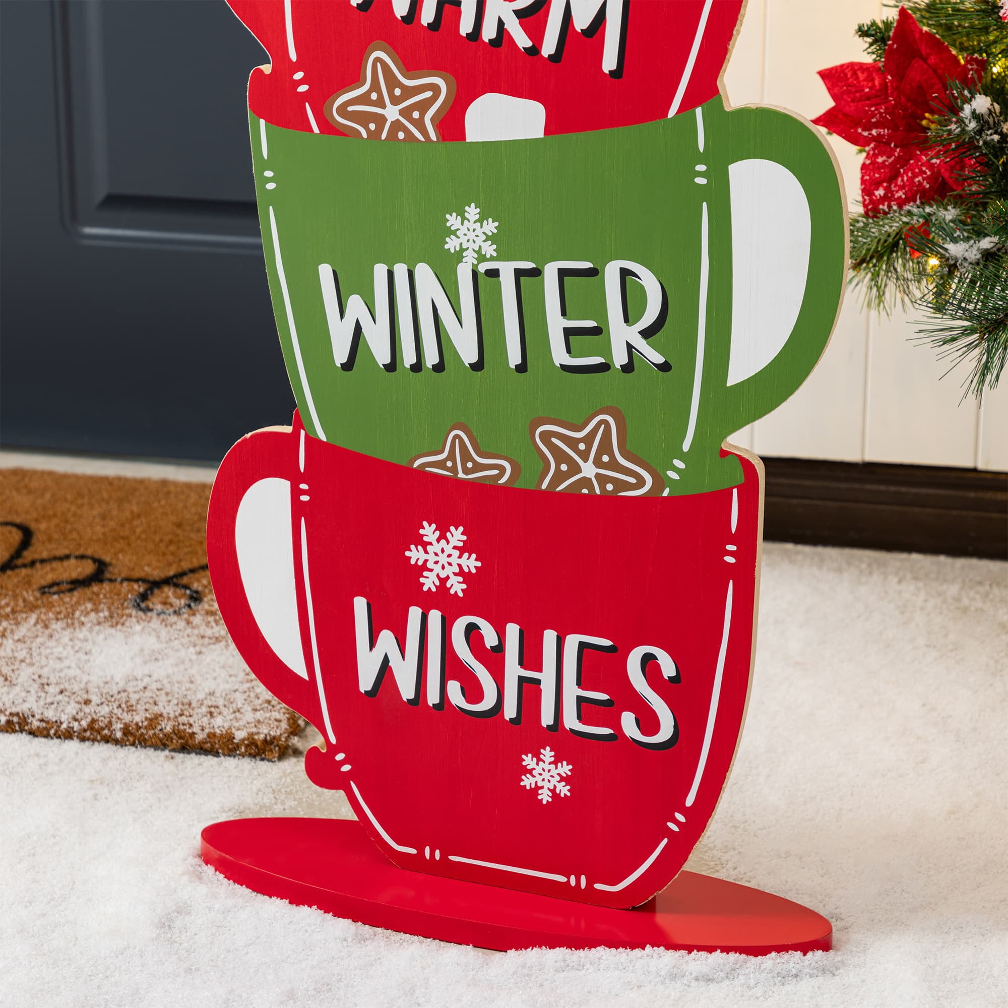 Glitzhome&#xAE; 34.5&#x22; Wooden Christmas Gingerbread Man on Coffee Cup Porch Decor