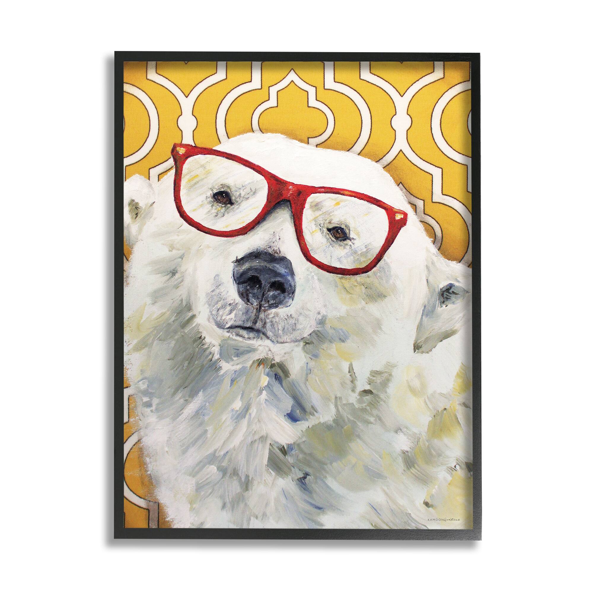Stupell Industries Polar Bear Red Glasses Bold Yellow Geometric Pattern Framed Wall Art