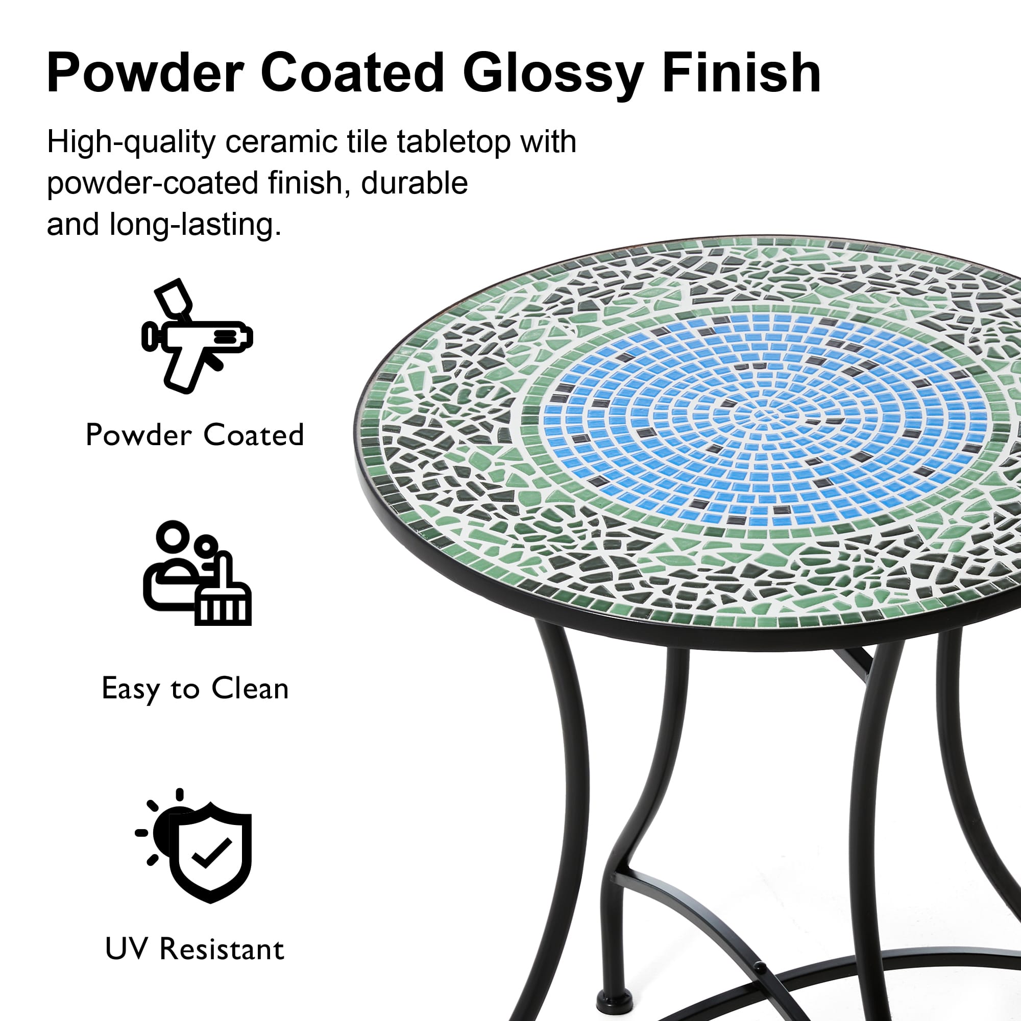 Glitzhome® 28" Green Outdoor Metal Folding Bistro Table with Ceramic Tile Top