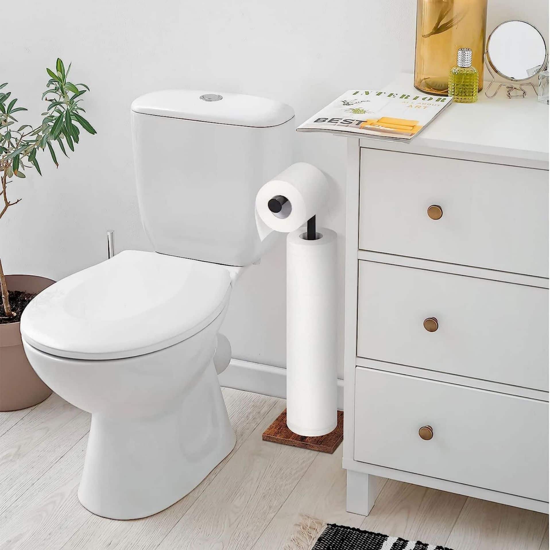 NEX™ 21" Black Freestanding Metal Toilet Paper Holder with Square Woodgrain Base