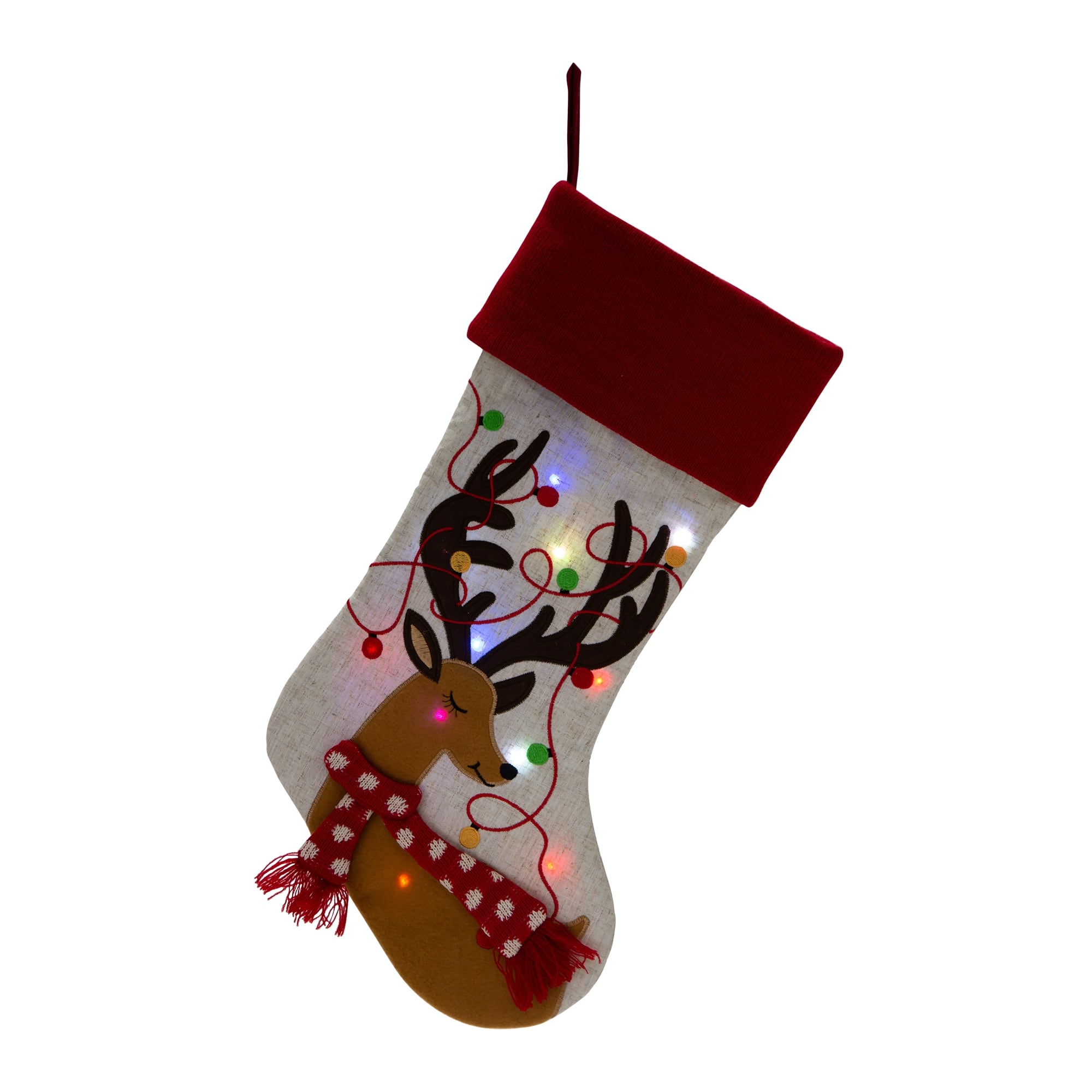 Glitzhome&#xAE; 21&#x22; LED Embroidered Reindeer Linen Christmas Stocking