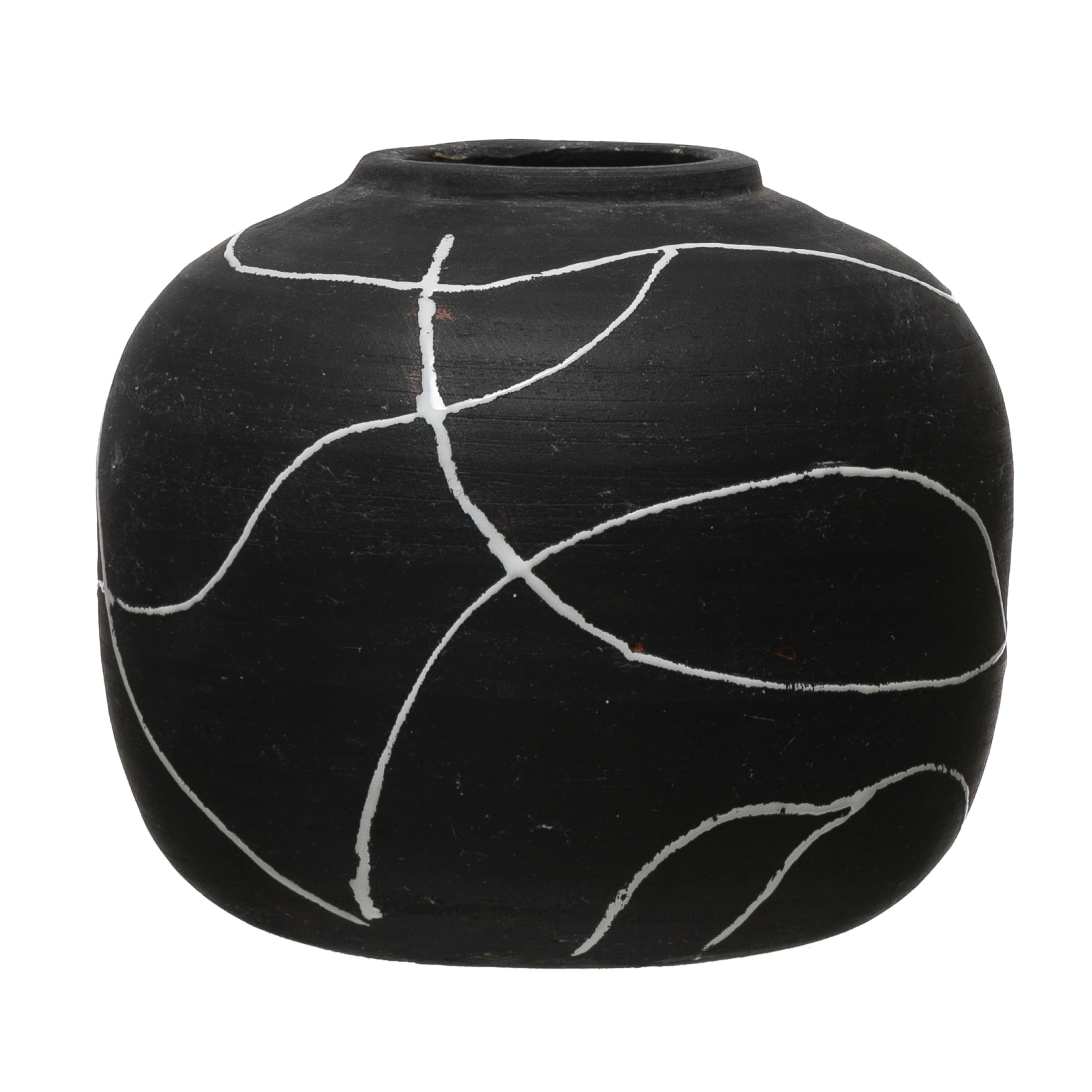Hello Honey® 6.5" Black & White Stoneware Vase with Hand-Painted Intersecting Lines