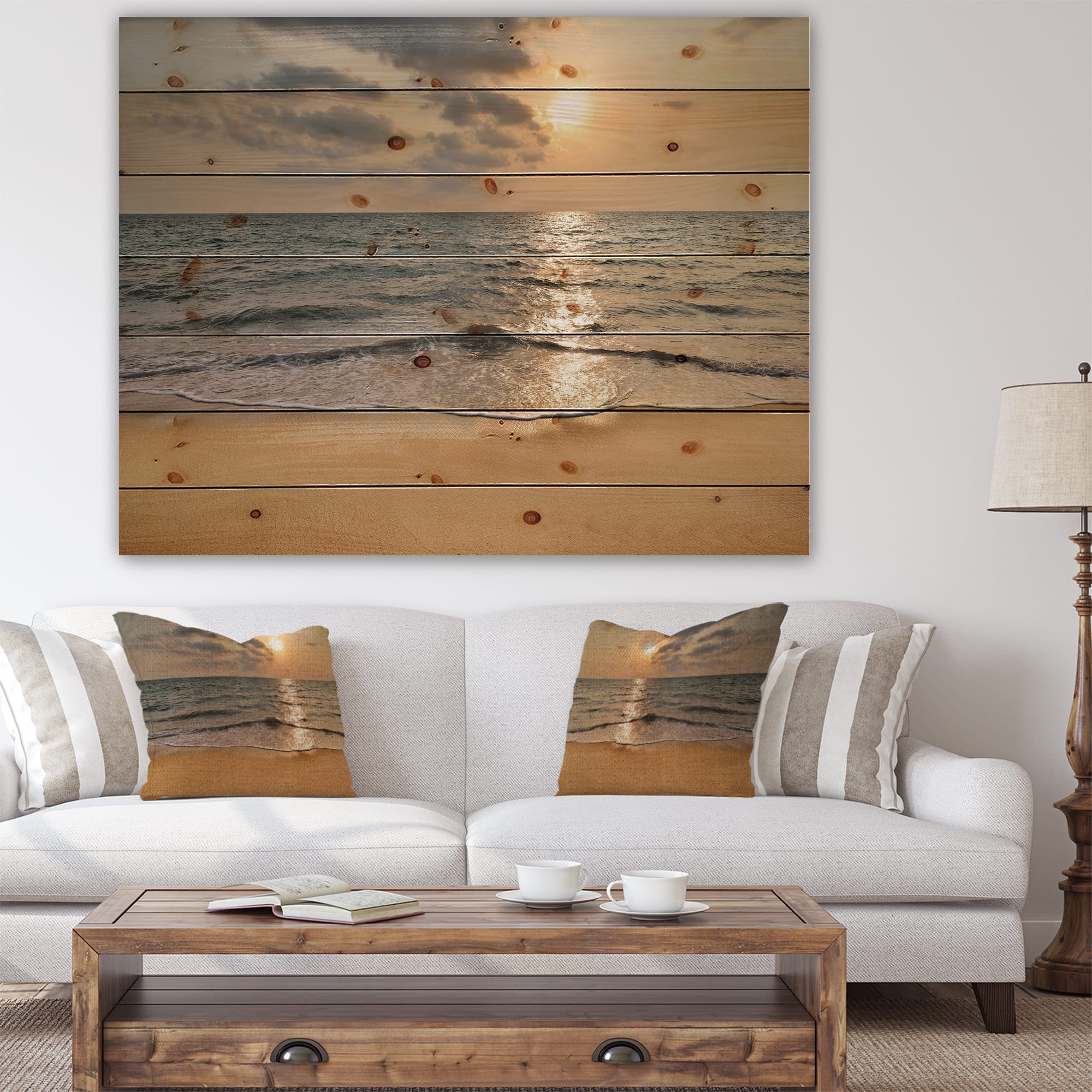 Designart - Dark Tropical Sand Beach at Sunset - Modern Seascape Print on Natural Pine Wood