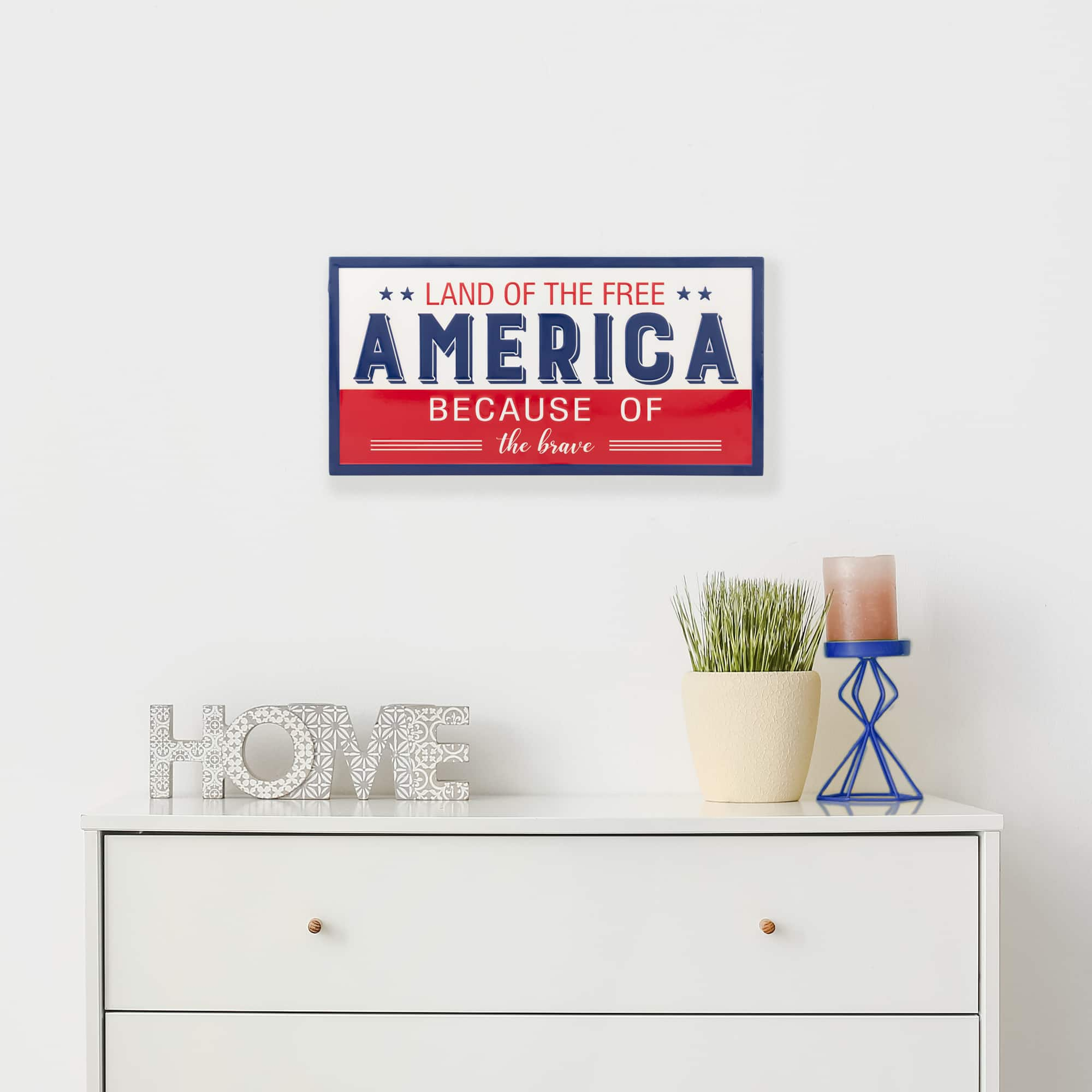 20&#x22; Land of the Free Because of the Brave Patriotic Metal Wall Sign