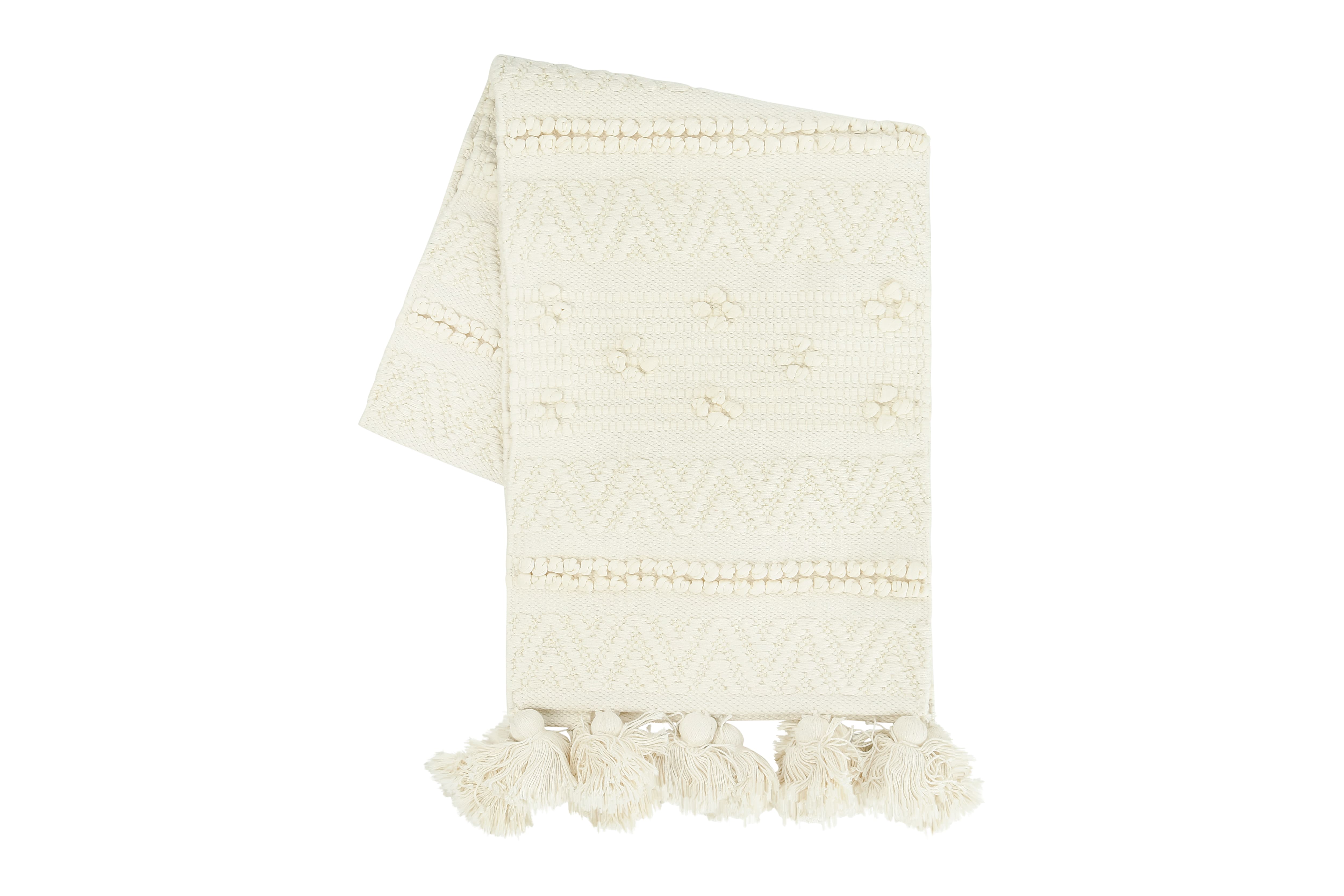 72&#x22; Cream Woven Cotton Textured Table Runner with Pom Poms &#x26; Tassels