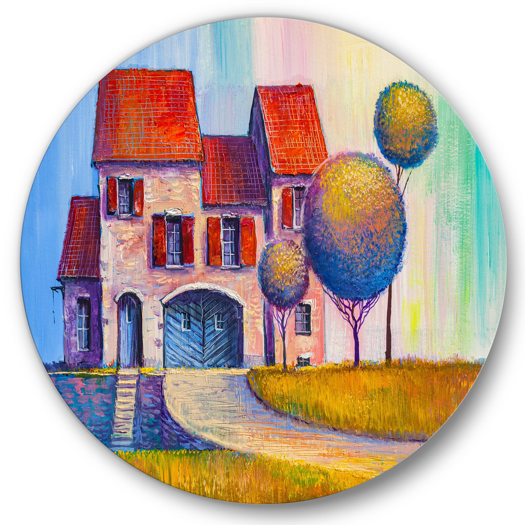Designart - House With Red Roof In The Village - Modern Metal Circle Wall Art