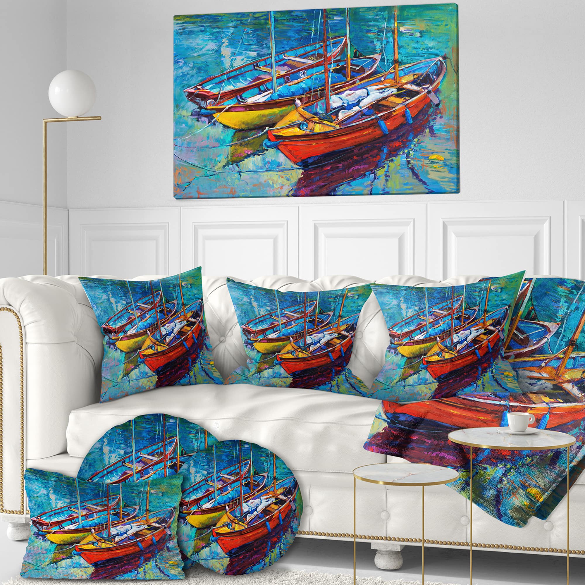 Designart - Three Fishing Boat Oil Painting - Sea & Shore Painting Print on Wrapped Canvas