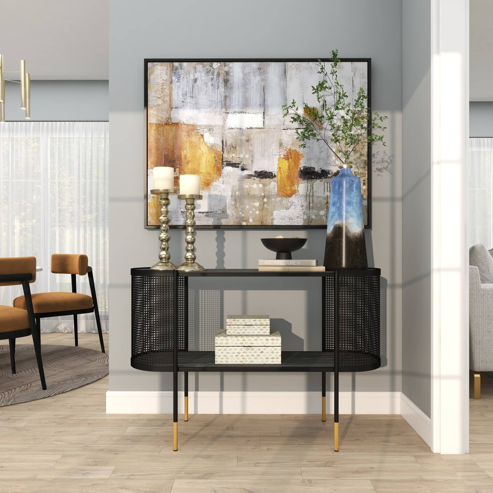 20" Blue Glass Galaxy Inspired Abstract Vase with Gold Top