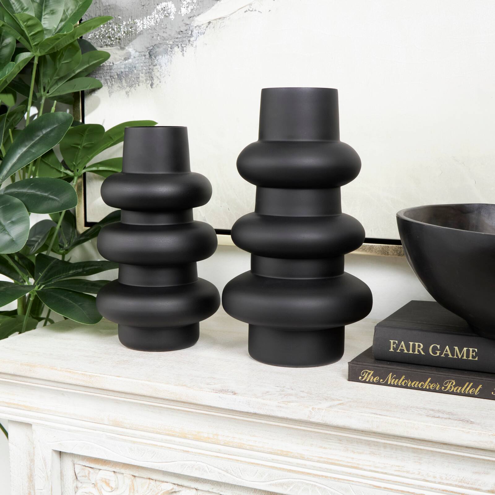 Black Bubble Ribbed Glass Vase Set