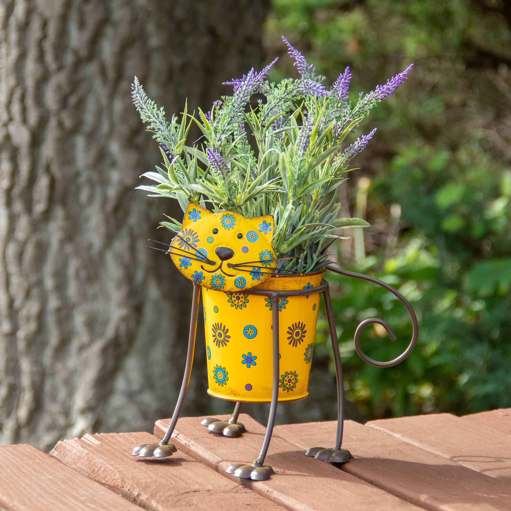 9&#x22; Yellow Floral Metal Cat Garden Planter