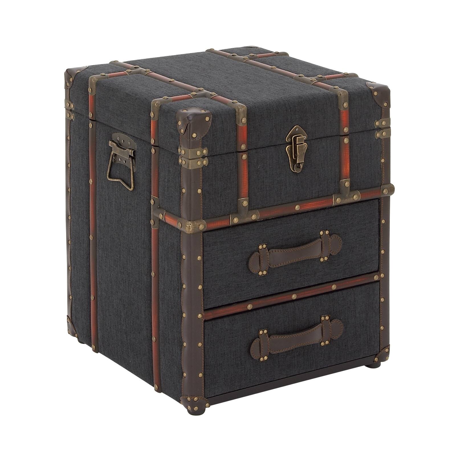 Blue Wood and Linen Traditional Accent Table, 22" x 18" x 18"