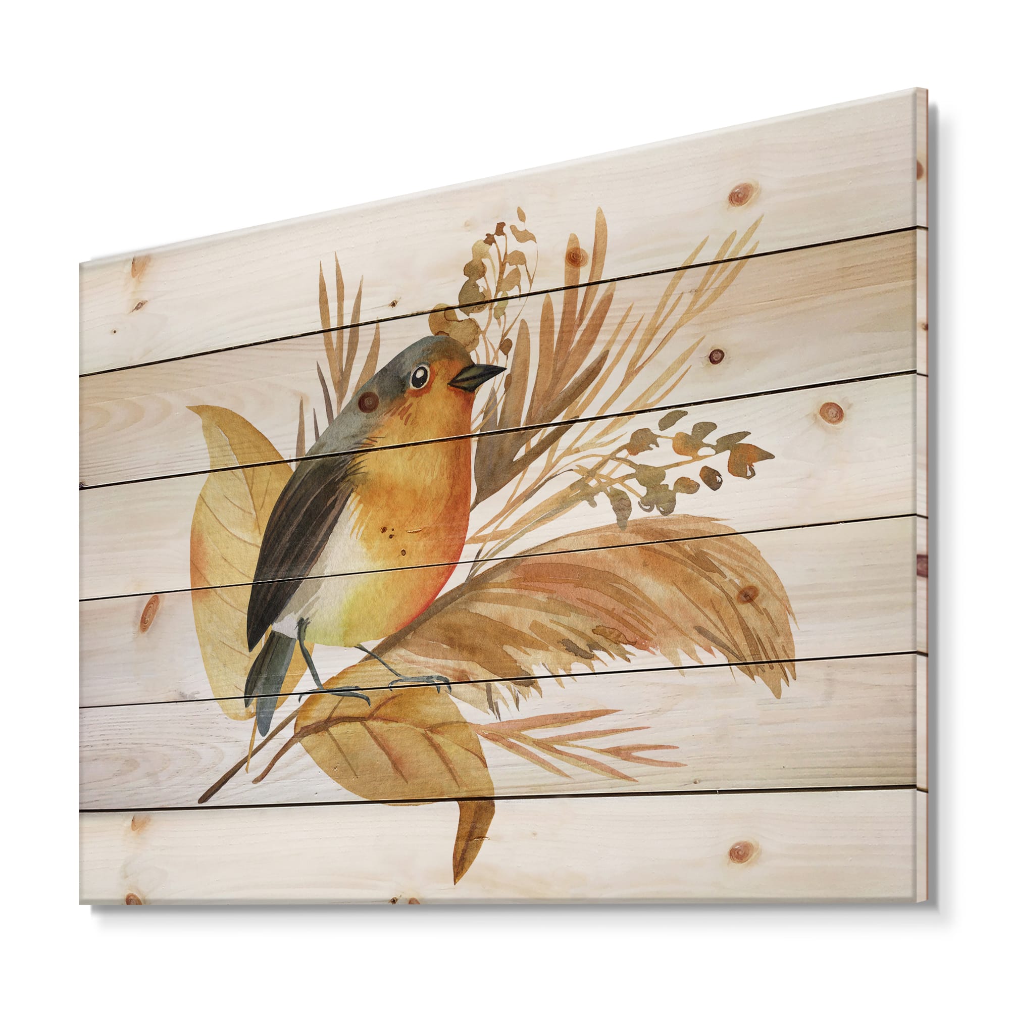 Designart - Robin Bird and Autumn Flowers - Traditional Print on Natural Pine Wood