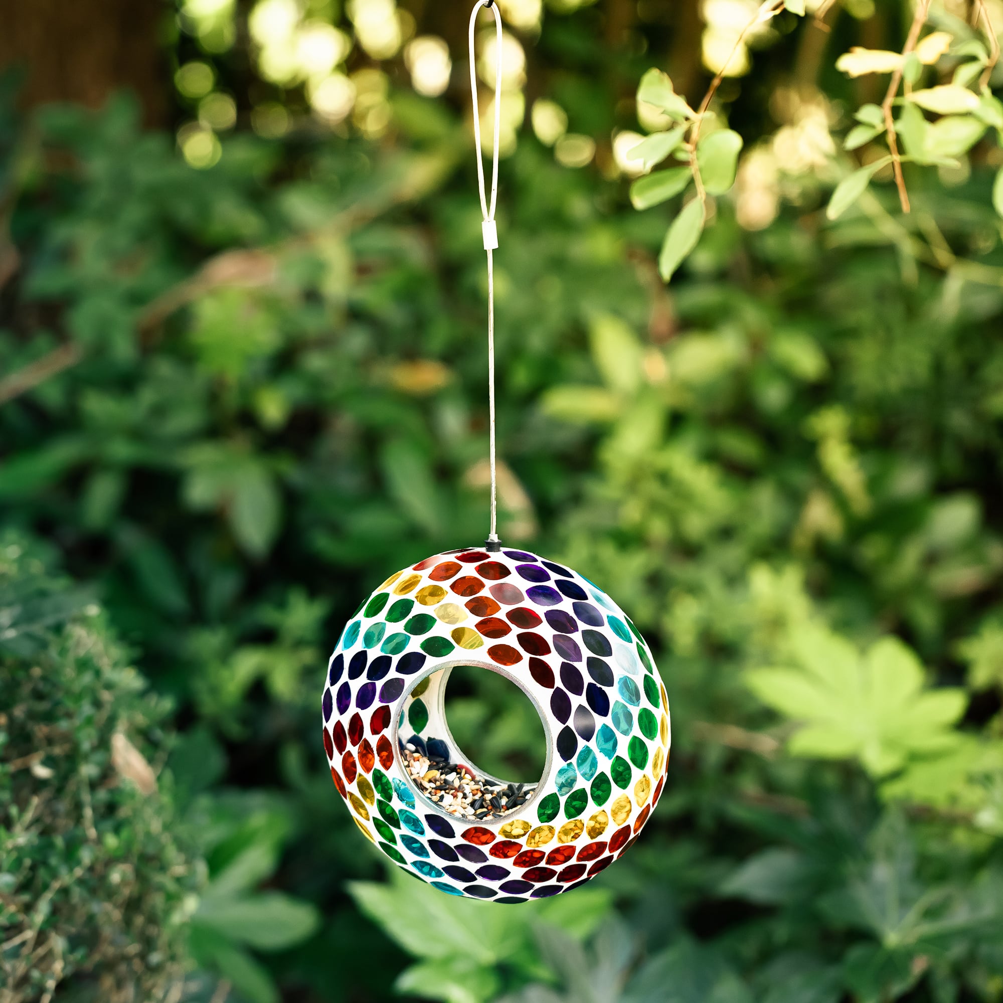 Glitzhome&#xAE; 8&#x22; Multicolor Mosaic Glass Round Hanging Bird Feeder
