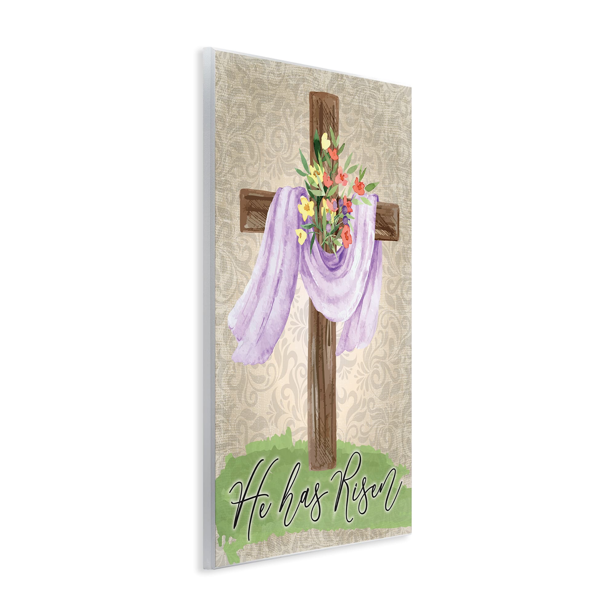 Stupell Industries He Has Risen Spring Floral Cross Brown Damask Pattern Wall Plaque Art