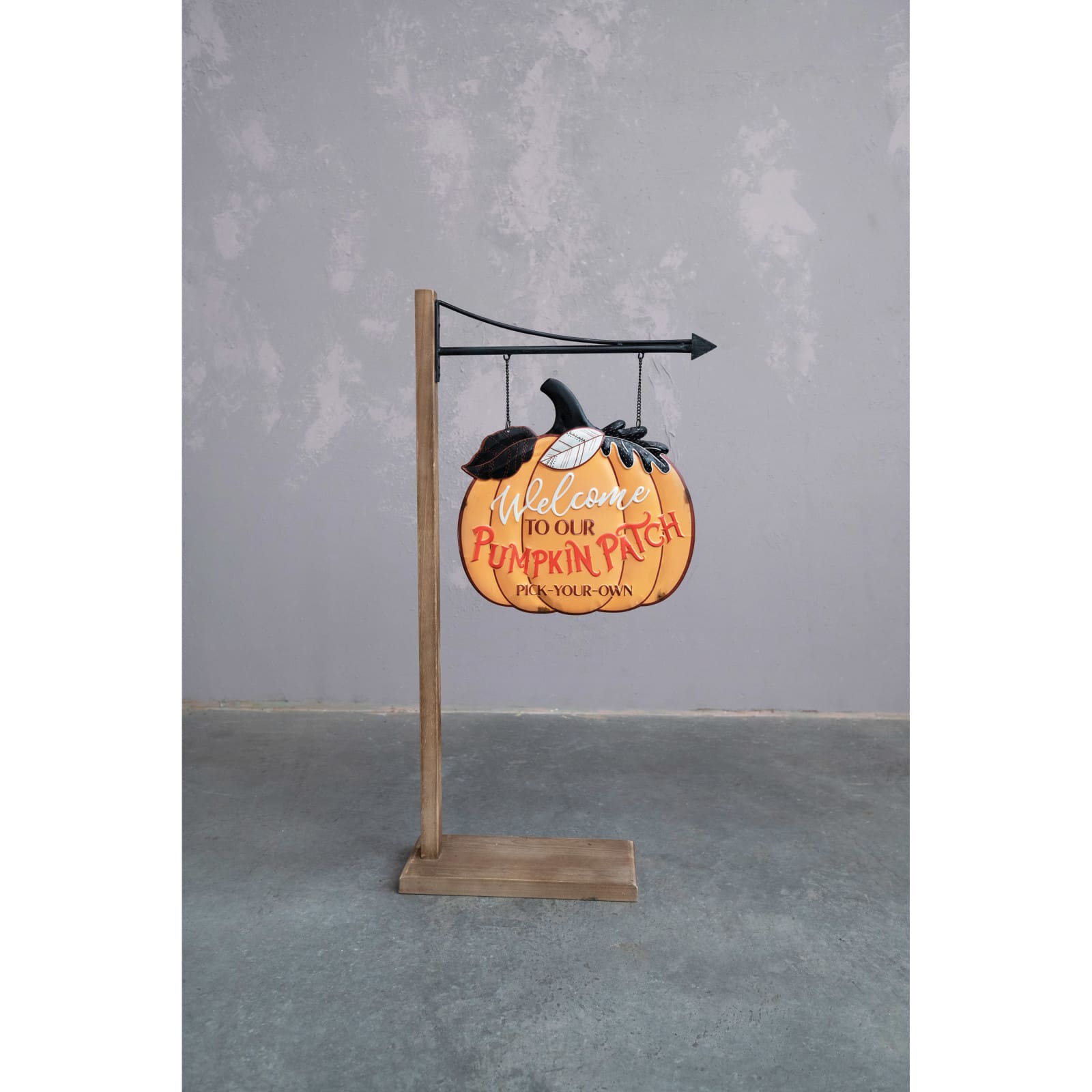 Hello Honey&#xAE; 38.5&#x22; 2-Sided Embossed Metal Pumpkin Sign D&#xE9;cor with Wood Floor Stand