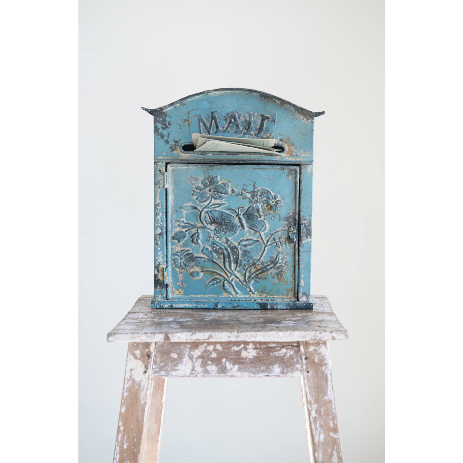 Hello Honey® 12" Distressed Blue Embossed Tin Mail Box