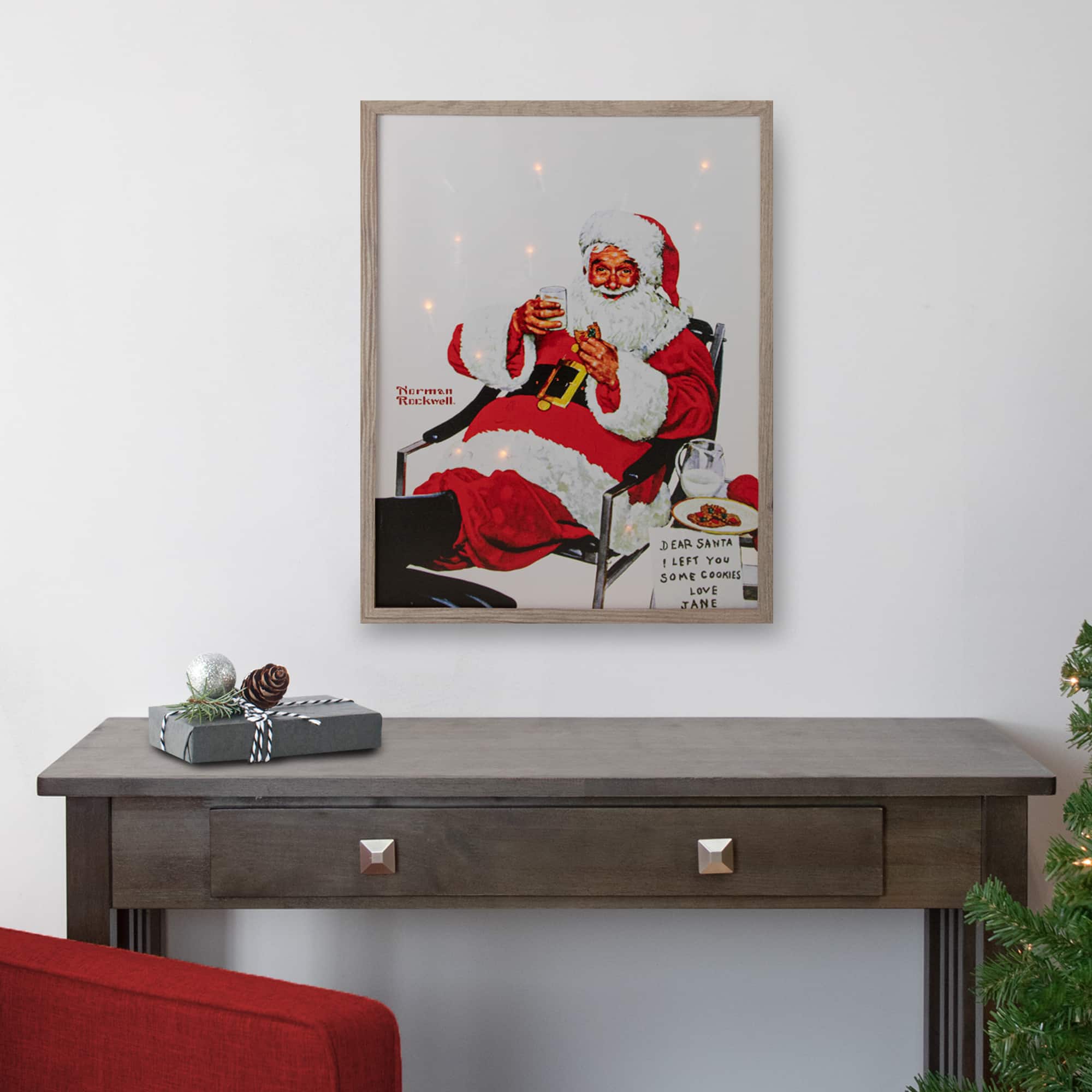 19&#x22; Lighted Norman Rockwell &#x27;Santa Eating Milk and Cookies&#x27; Christmas Wall Art