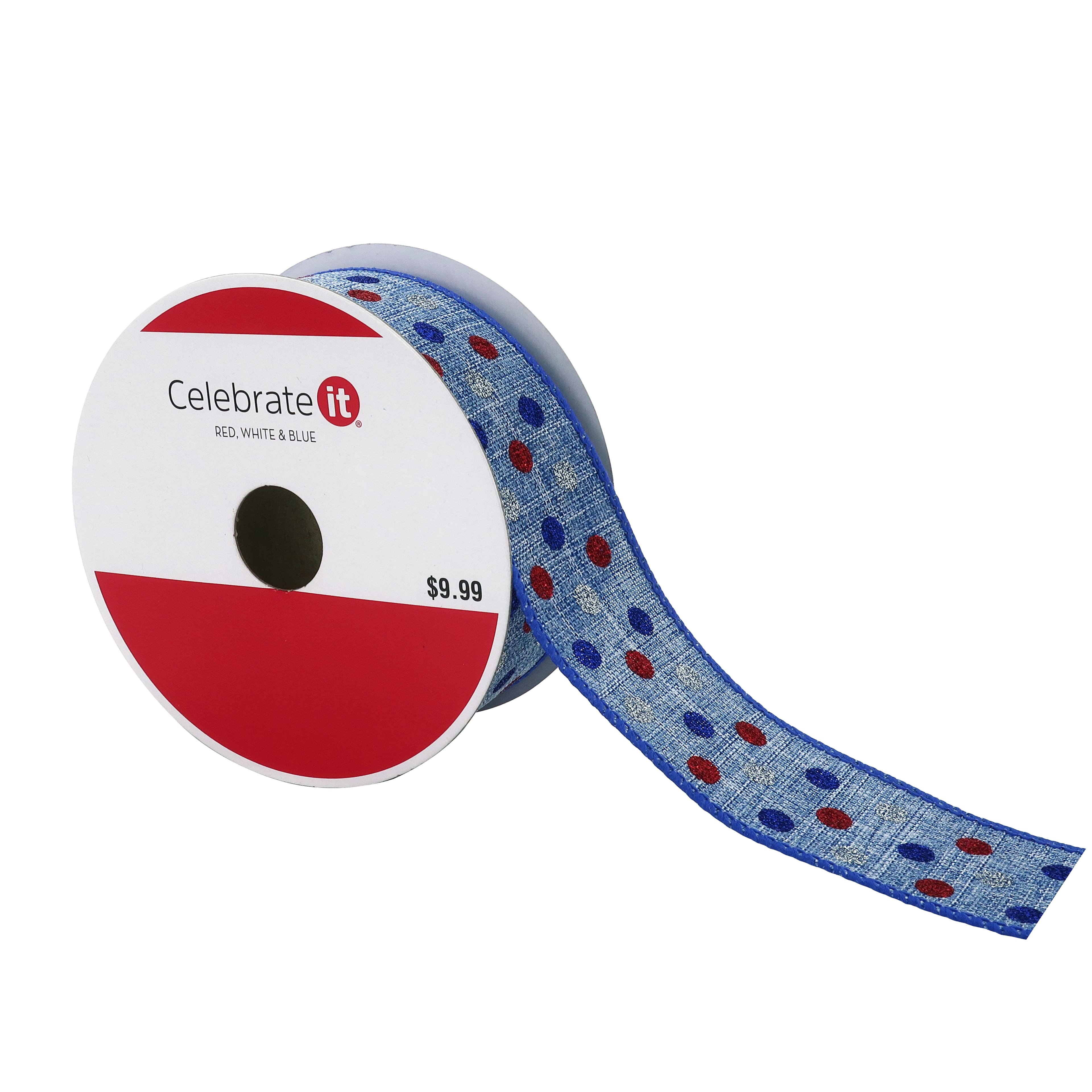 1.5&#x22; x 30ft. Faux Linen Wired Dots Ribbon by Celebrate It&#xAE; Red, White &#x26; Blue