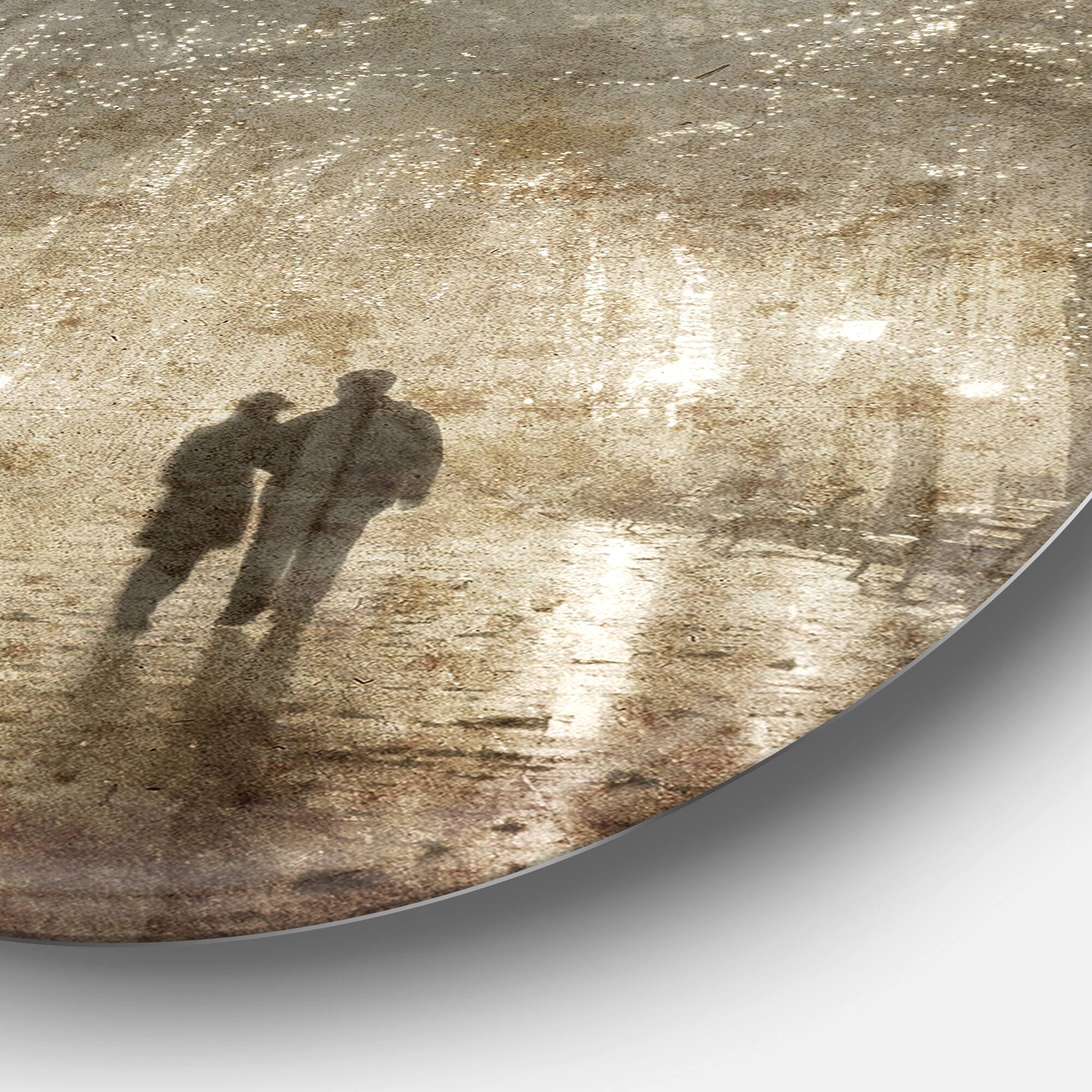 Designart - Couple Walking in Night Lights&#x27; Landscape Photography Circle Circle Metal Wall Art