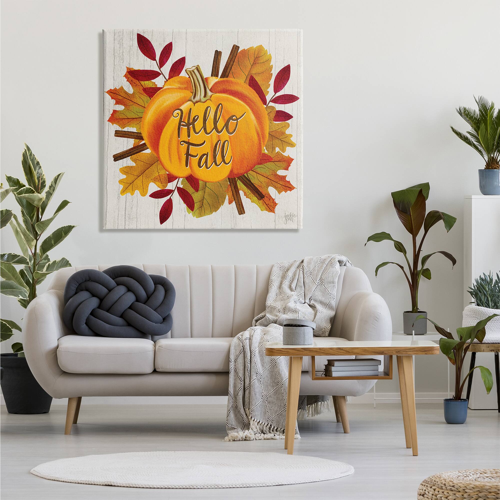 Stupell Industries Hello Fall Sentiment Orange Pumpkin Autumn Tree Leaves Canvas Wall Art