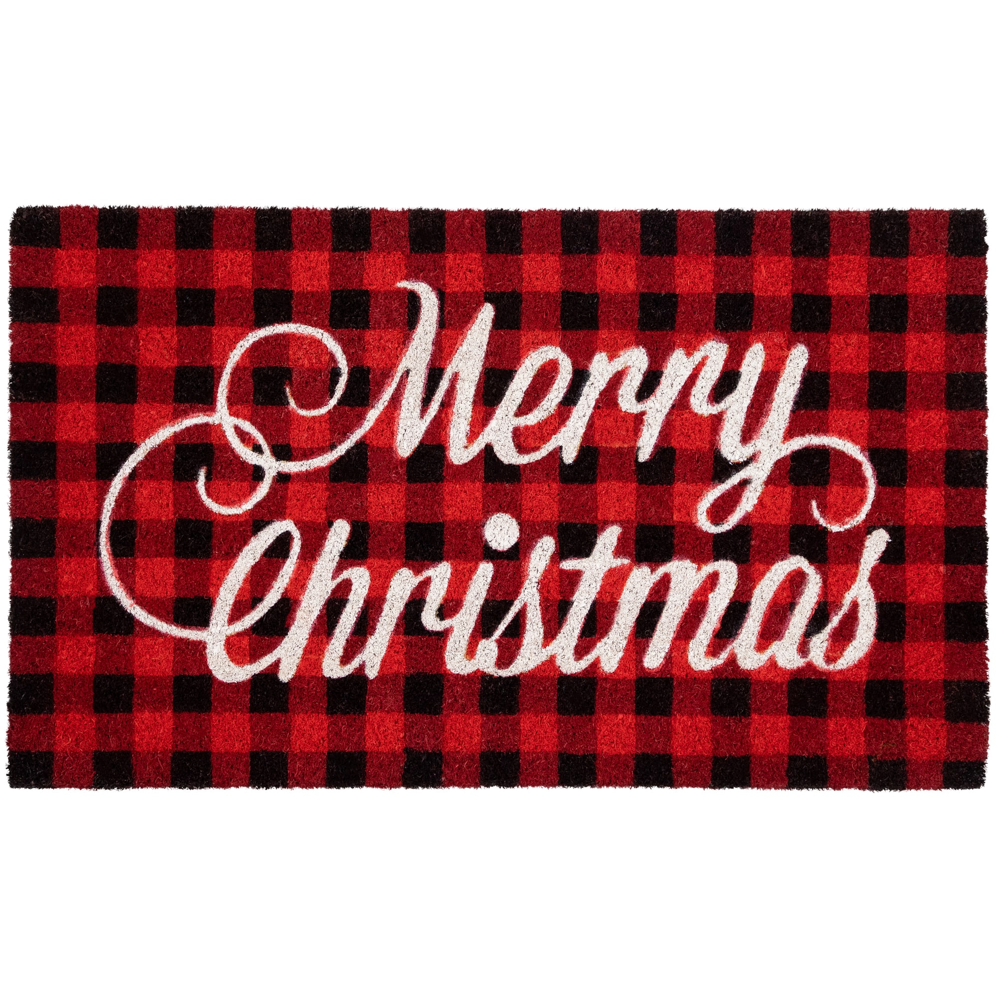Red and Black Plaid &#x22;Merry Christmas&#x22; Natural Coir Christmas Outdoor Doormat 18&#x22; x 30&#x22;