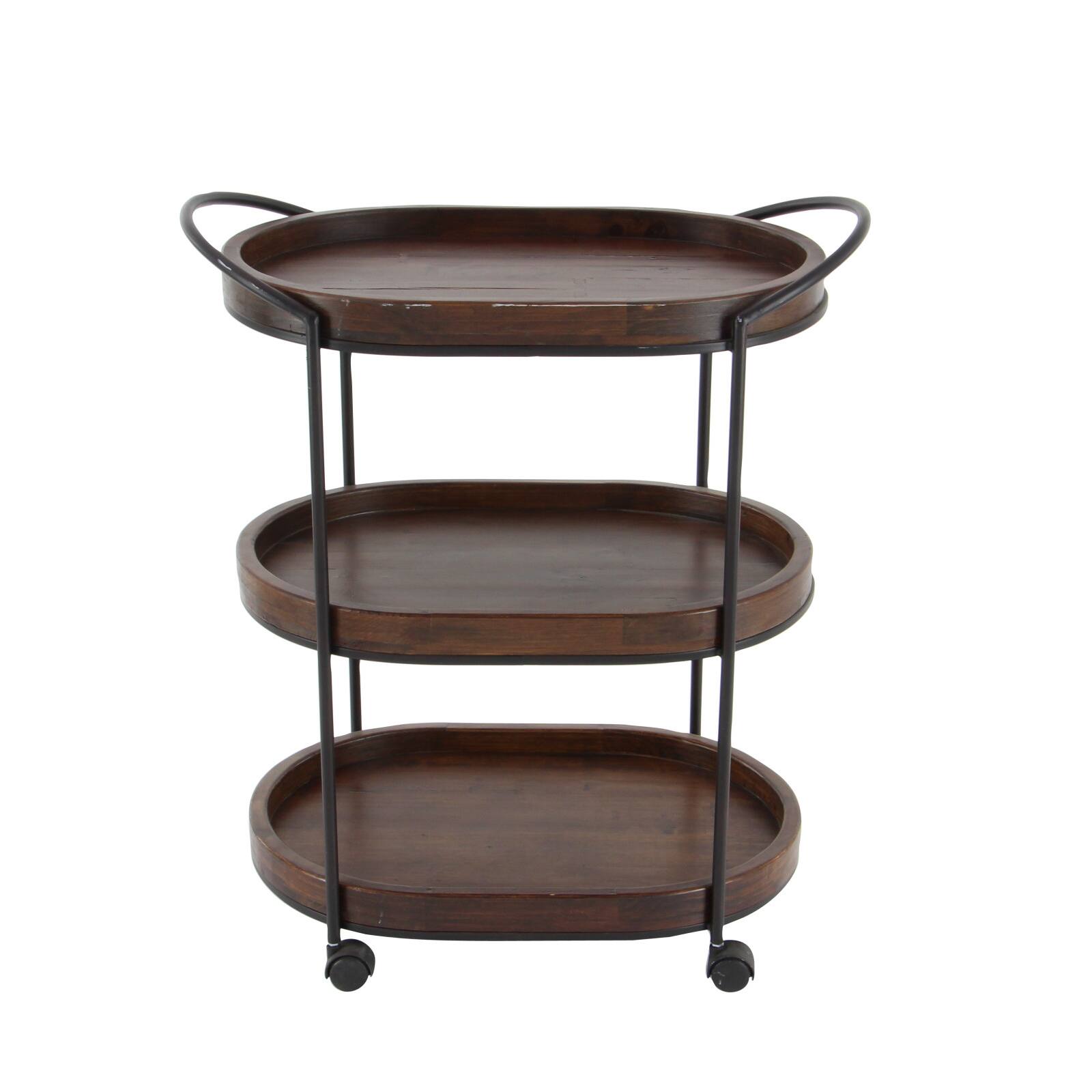 3-Tier Brown Pine &#x26; Metal Traditional Bar Cart