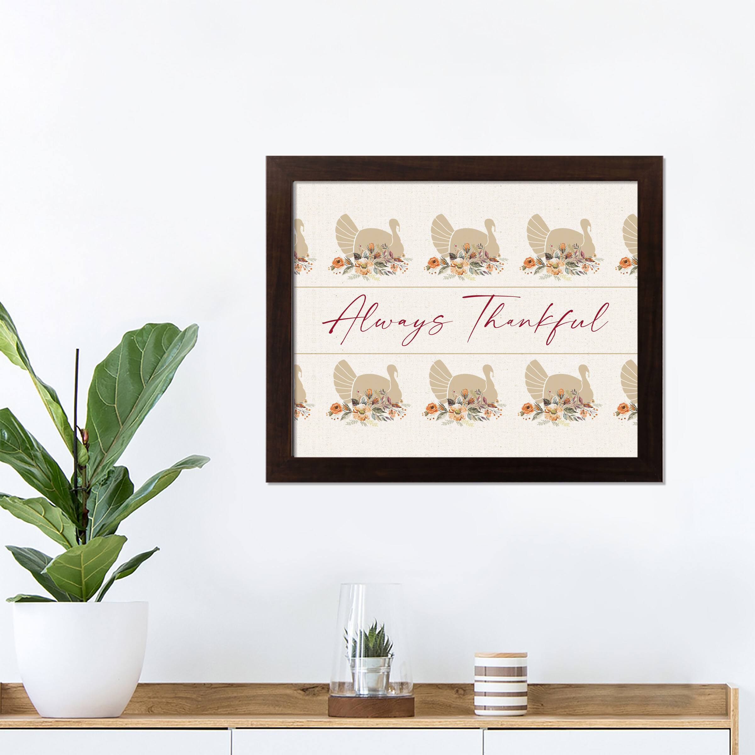 Turkey Always Thankful Walnut Framed Print Under Plexiglass