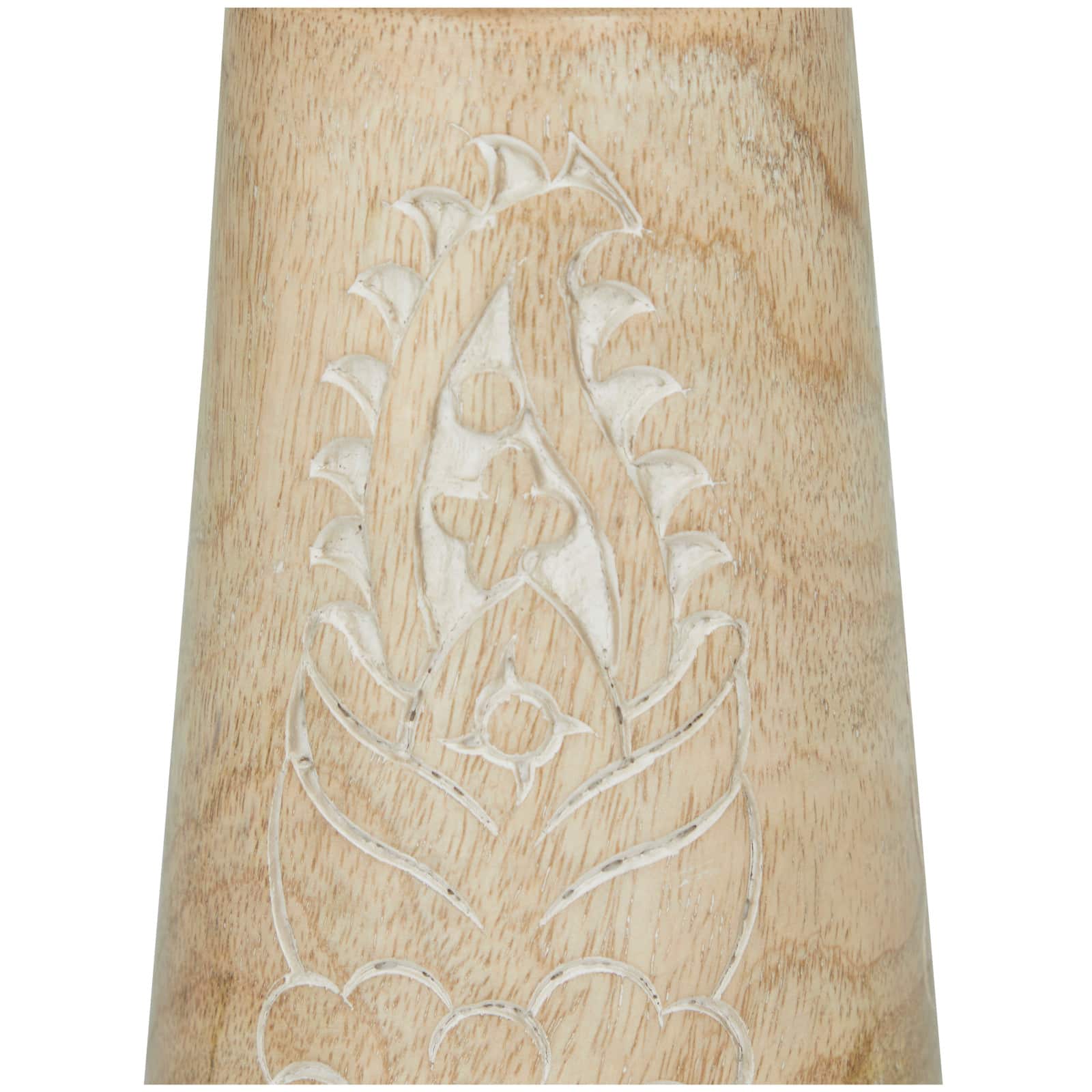 Mango Wood Round Carved Pillar Floral Candle Holder Set