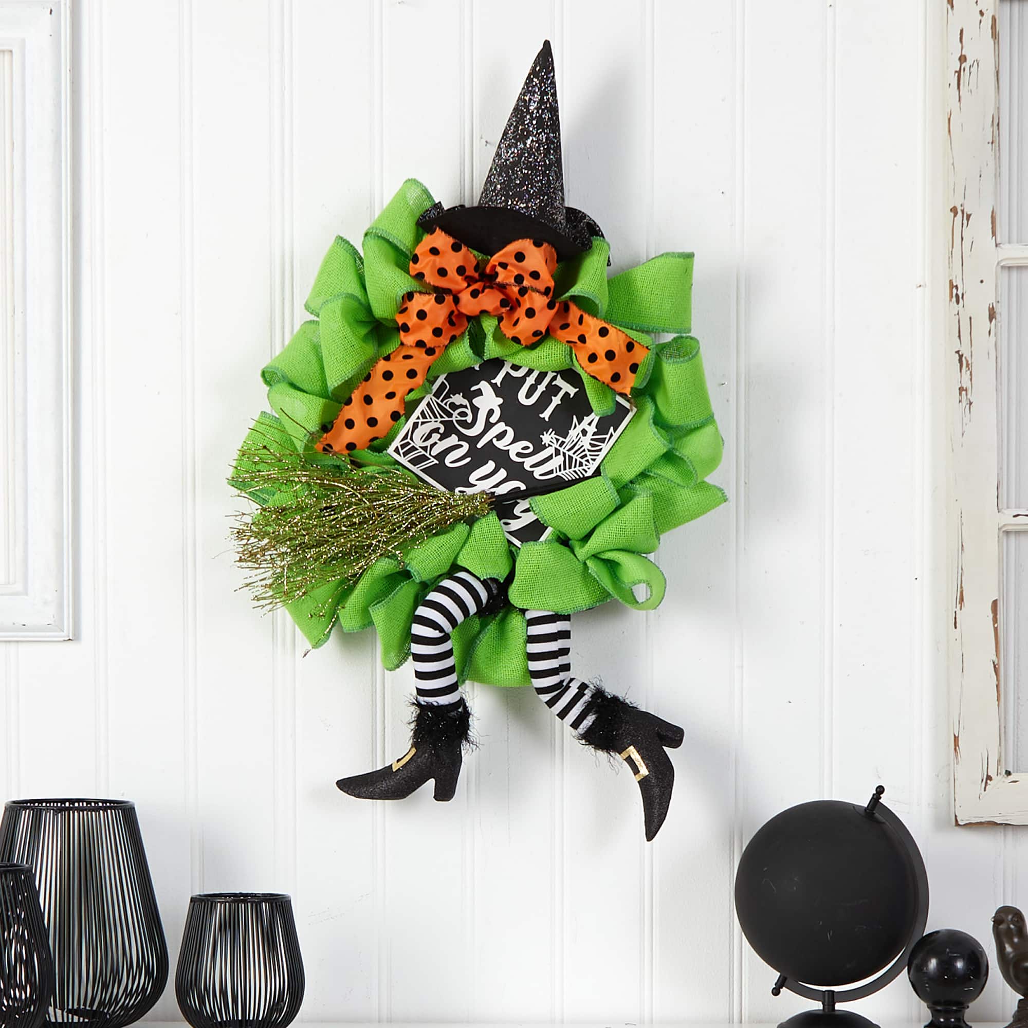 26&#x22; Halloween Witch Broom &#x26; Hat Mesh Wreath