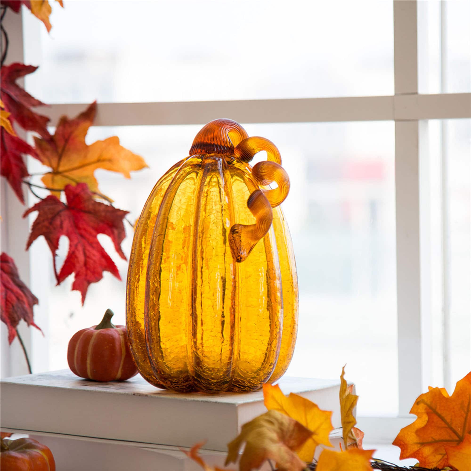 Glitzhome&#xAE; Tall Crackle Glass Pumpkin, Amber