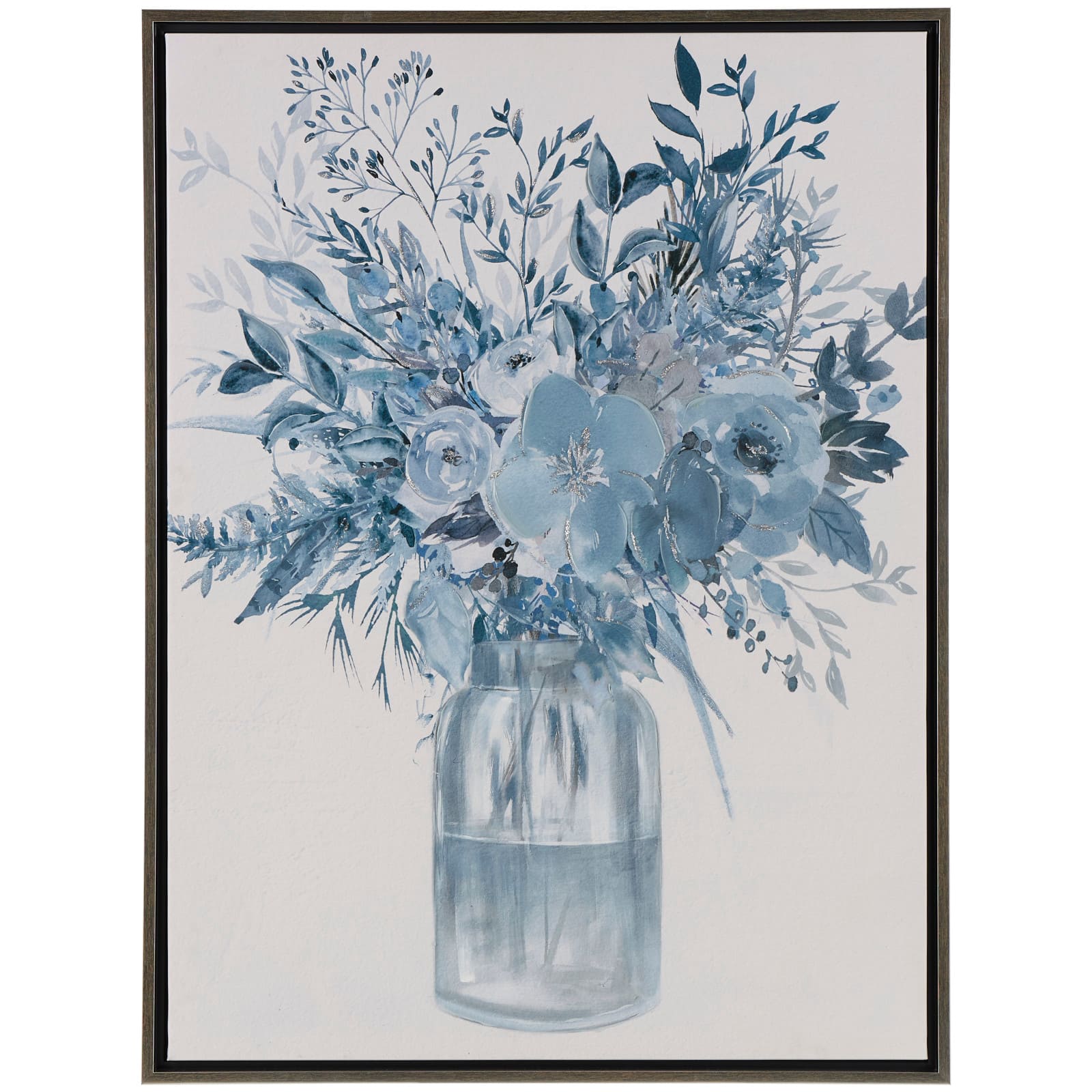 30" x 40" Blue Canvas Floral Bouquet Framed Wall Art with Silver Frame