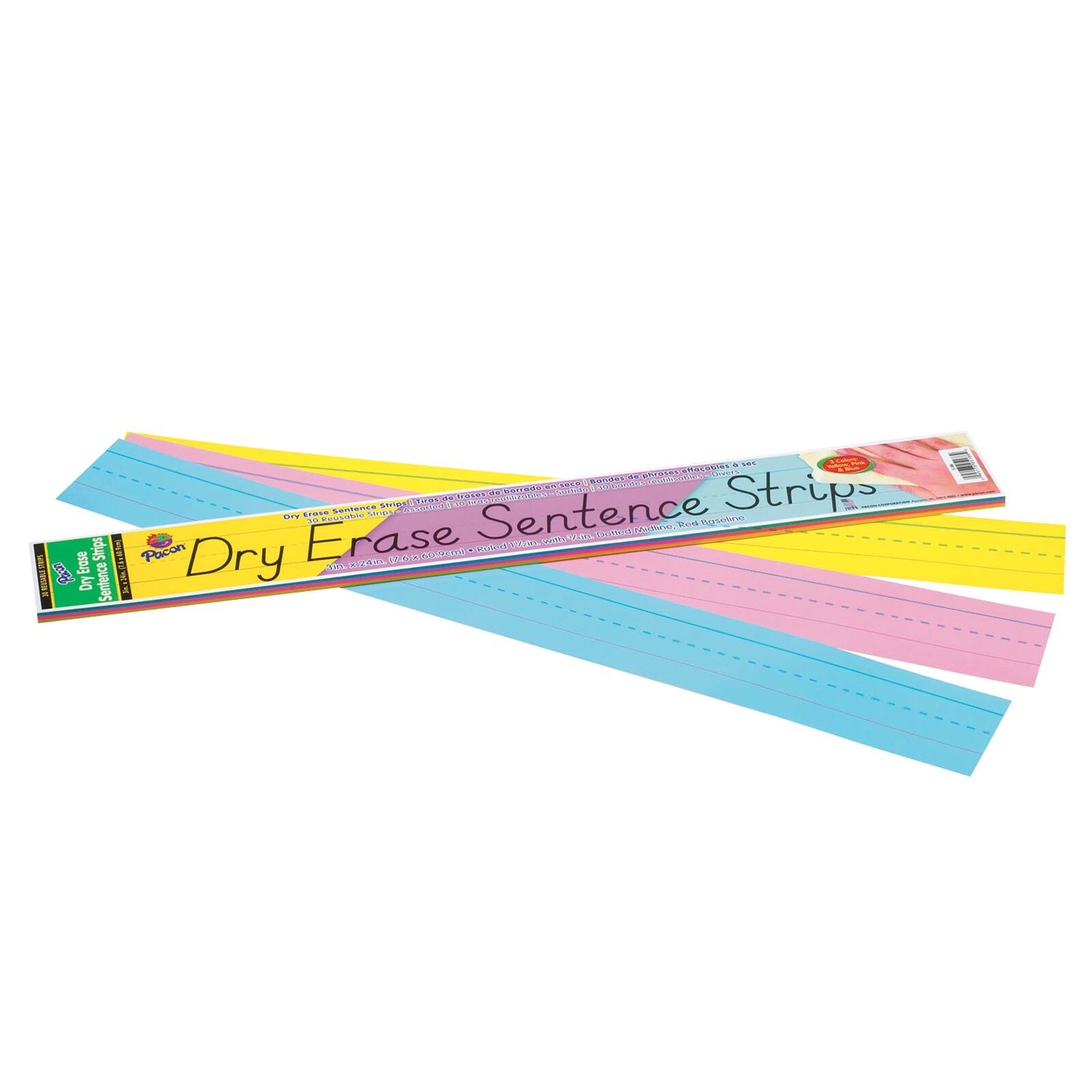 Pacon® Assorted Colors Ruled Dry Erase Sentence Strips, 3 Packs of 30