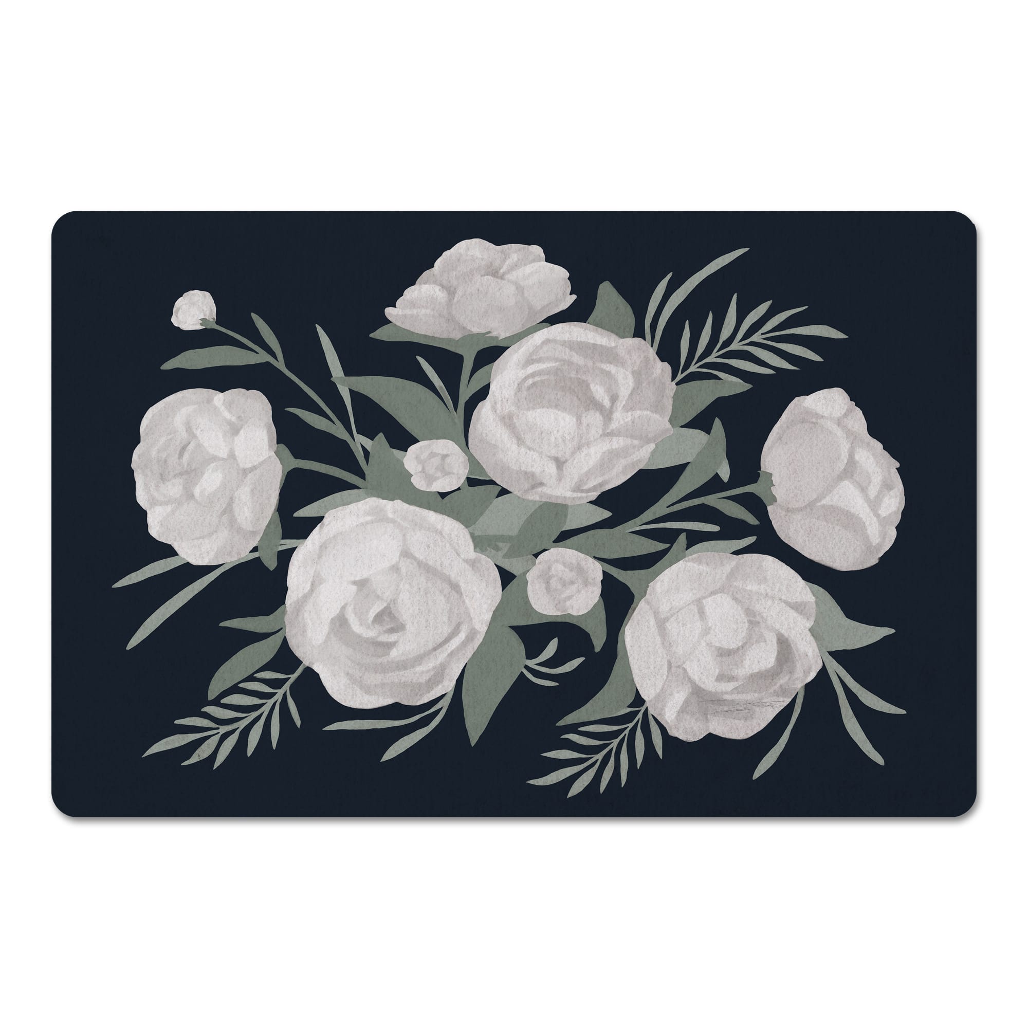 White Flowers On Navy 18" x 27" Floor Mat