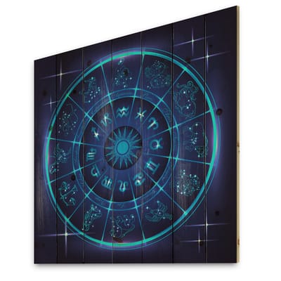 Designart - Neon Deep Blue Horoscope Circle With Zodiac Signs - Modern Print on Natural Pine Wood | 35" x 35" | Michaels&reg;