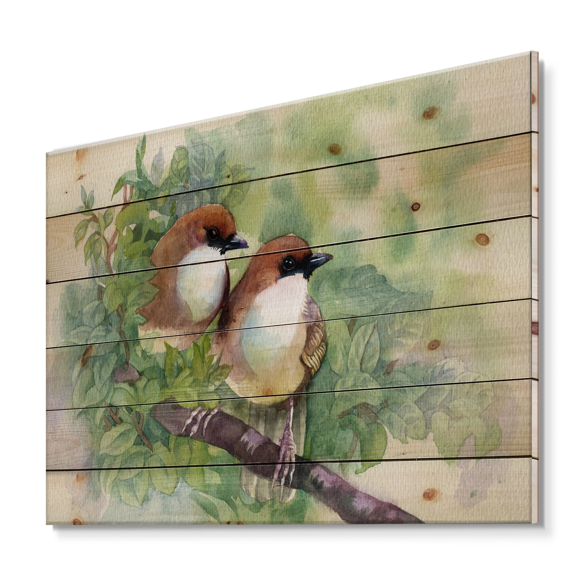 Designart - Birds Of Spring - Traditional Print on Natural Pine Wood