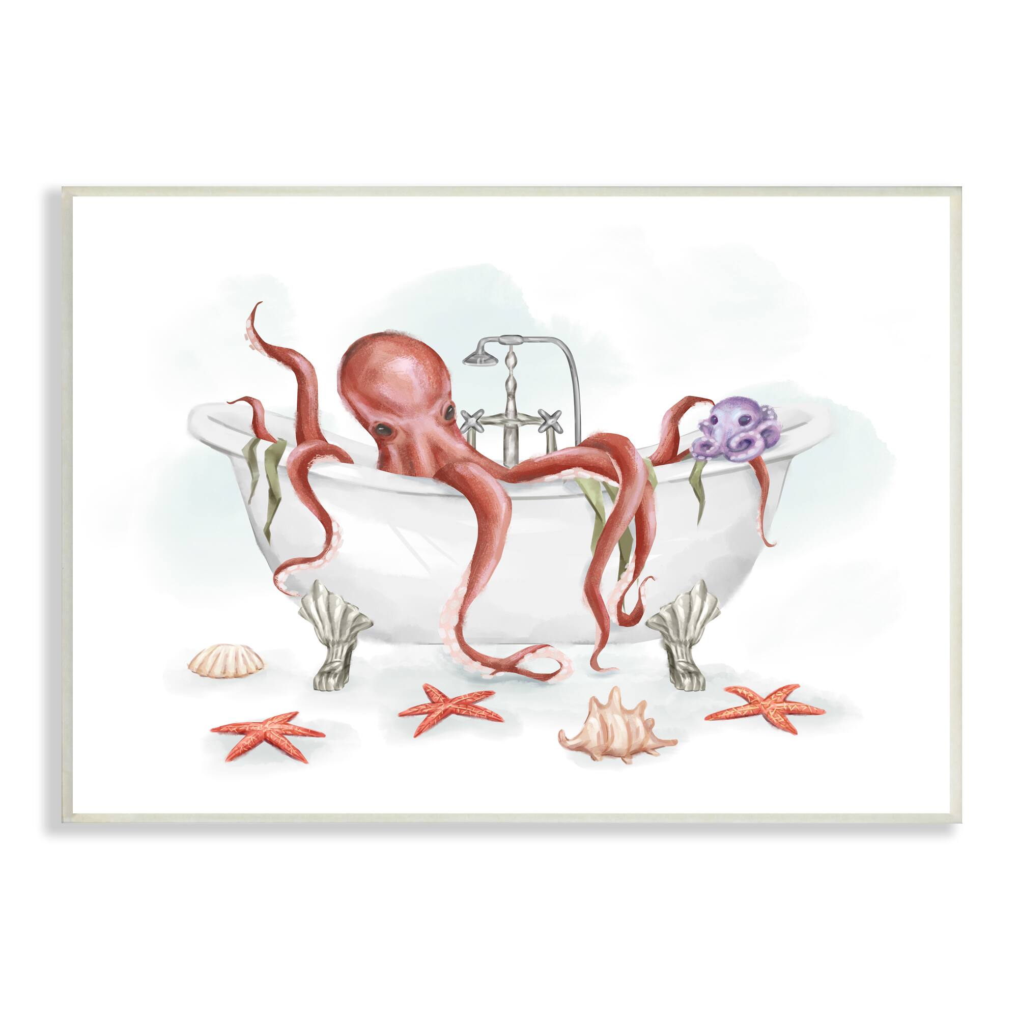 Stupell Industries Red Octopus Nautical Claw Bath Sea Shells Wall Plaque