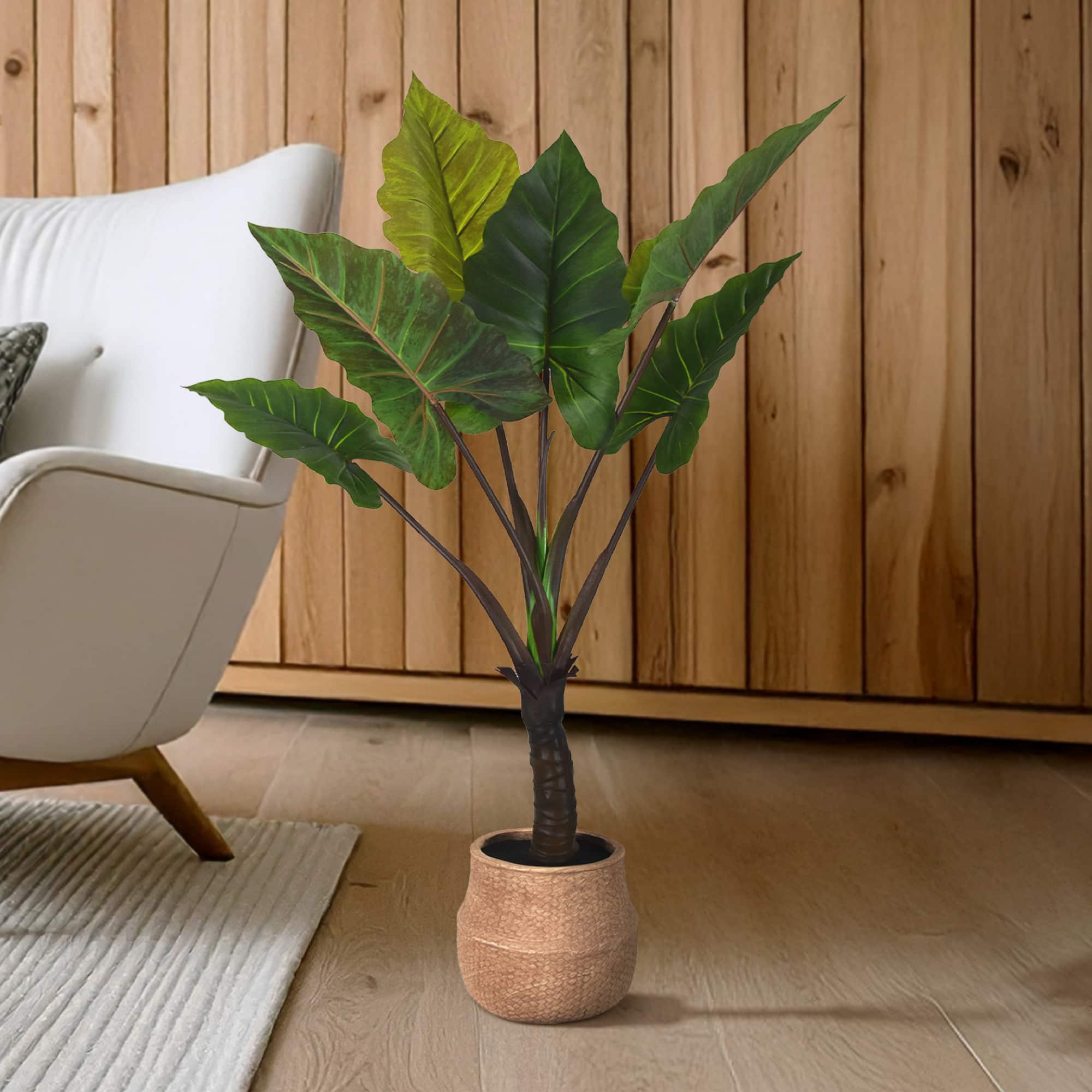 American Art Decor 4ft Artificial Rainbow Taro Tree in Cement Pot Faux Plant