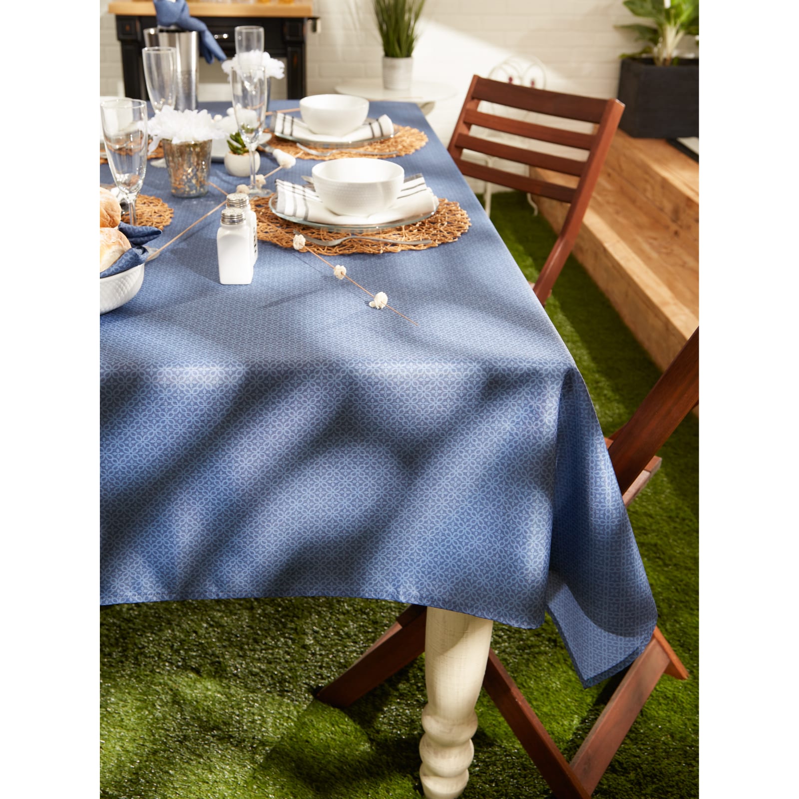French Blue Tonal Lattice Print Outdoor Tablecloth 60" x 120"